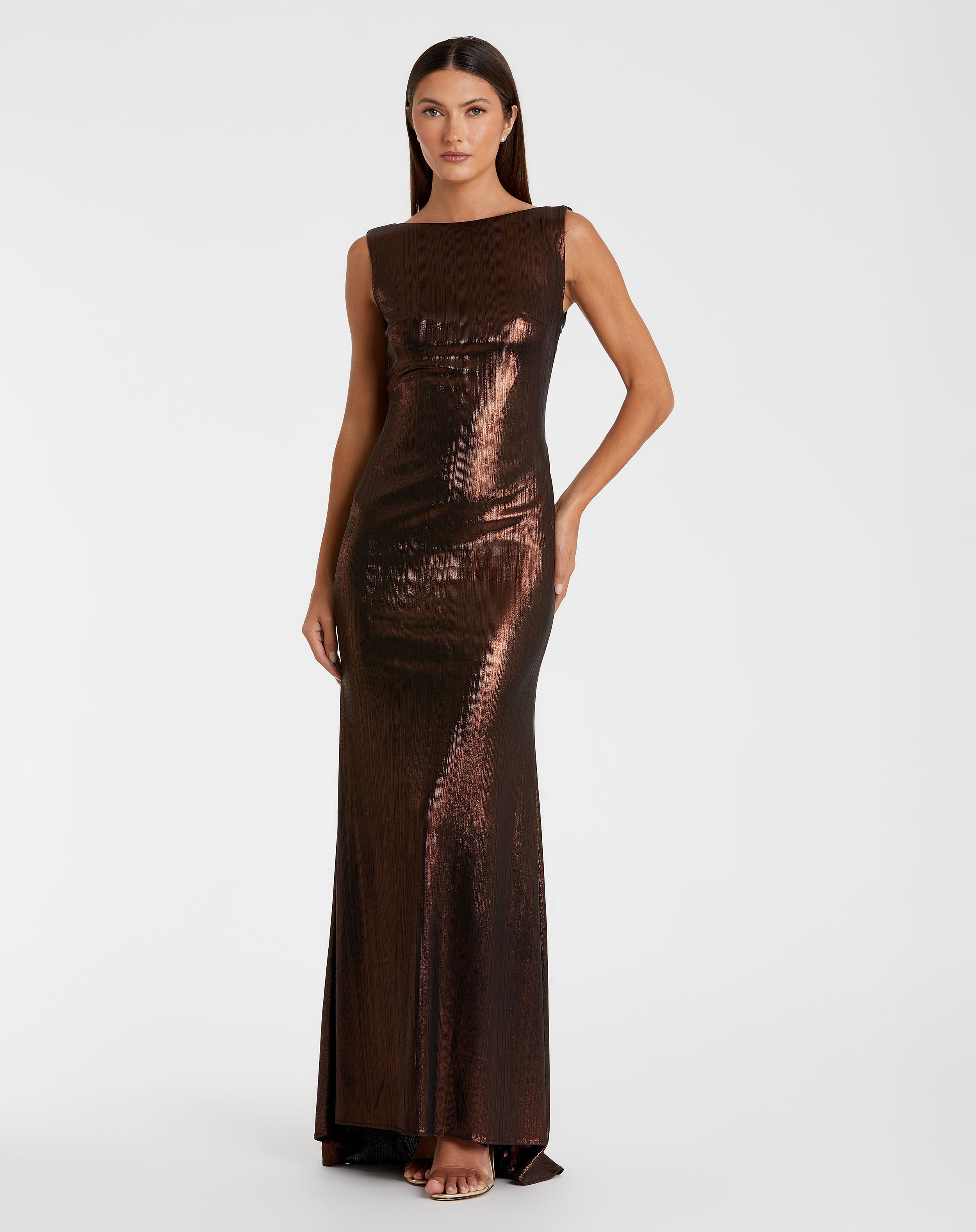 Metallic Jersey Cowl Back Column Gown