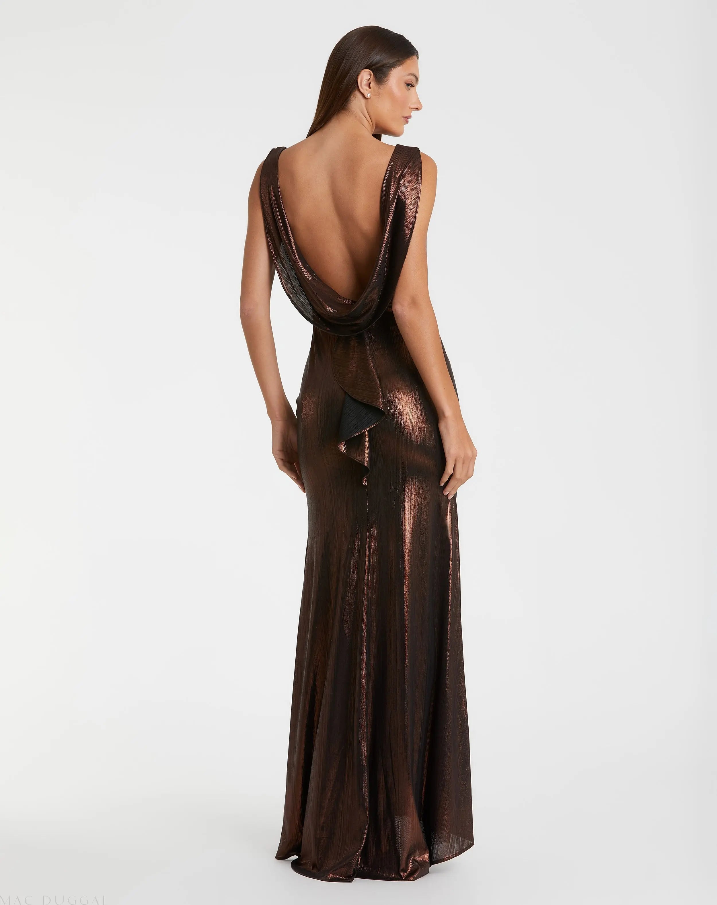 Brown Metallic Jersey Cowl Back Column Gown - Ieena for Mac Duggal
