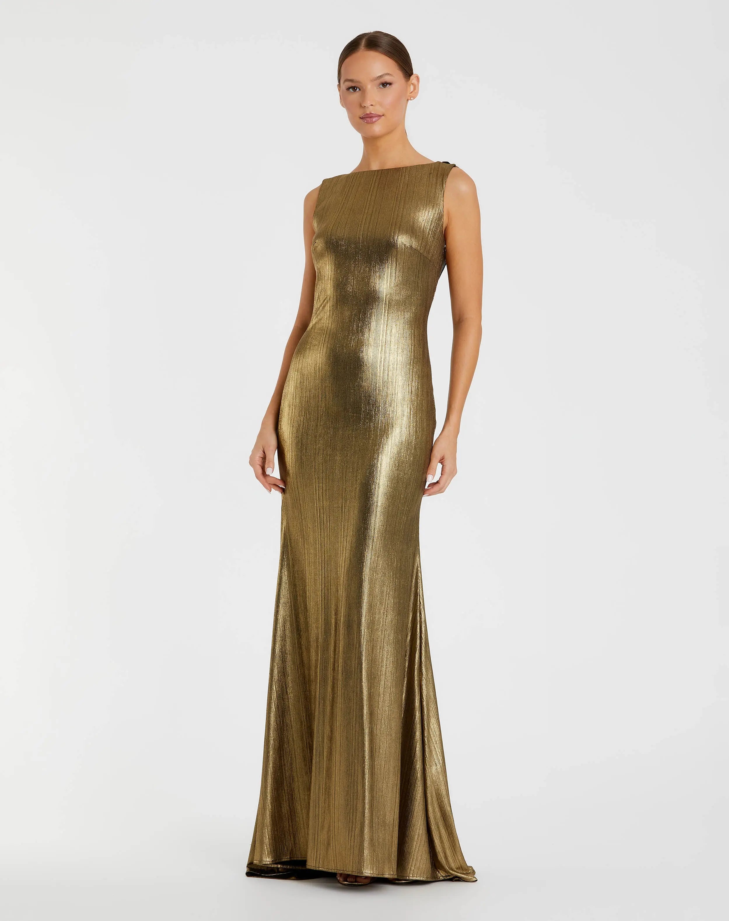 Gold Metallic Jersey Cowl Back Column Gown - Ieena for Mac Duggal