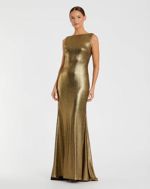 Gold Metallic Jersey Cowl Back Column Gown - Ieena for Mac Duggal