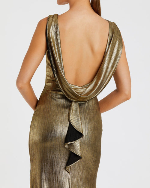 Gold Metallic Jersey Cowl Back Column Gown - Ieena for Mac Duggal