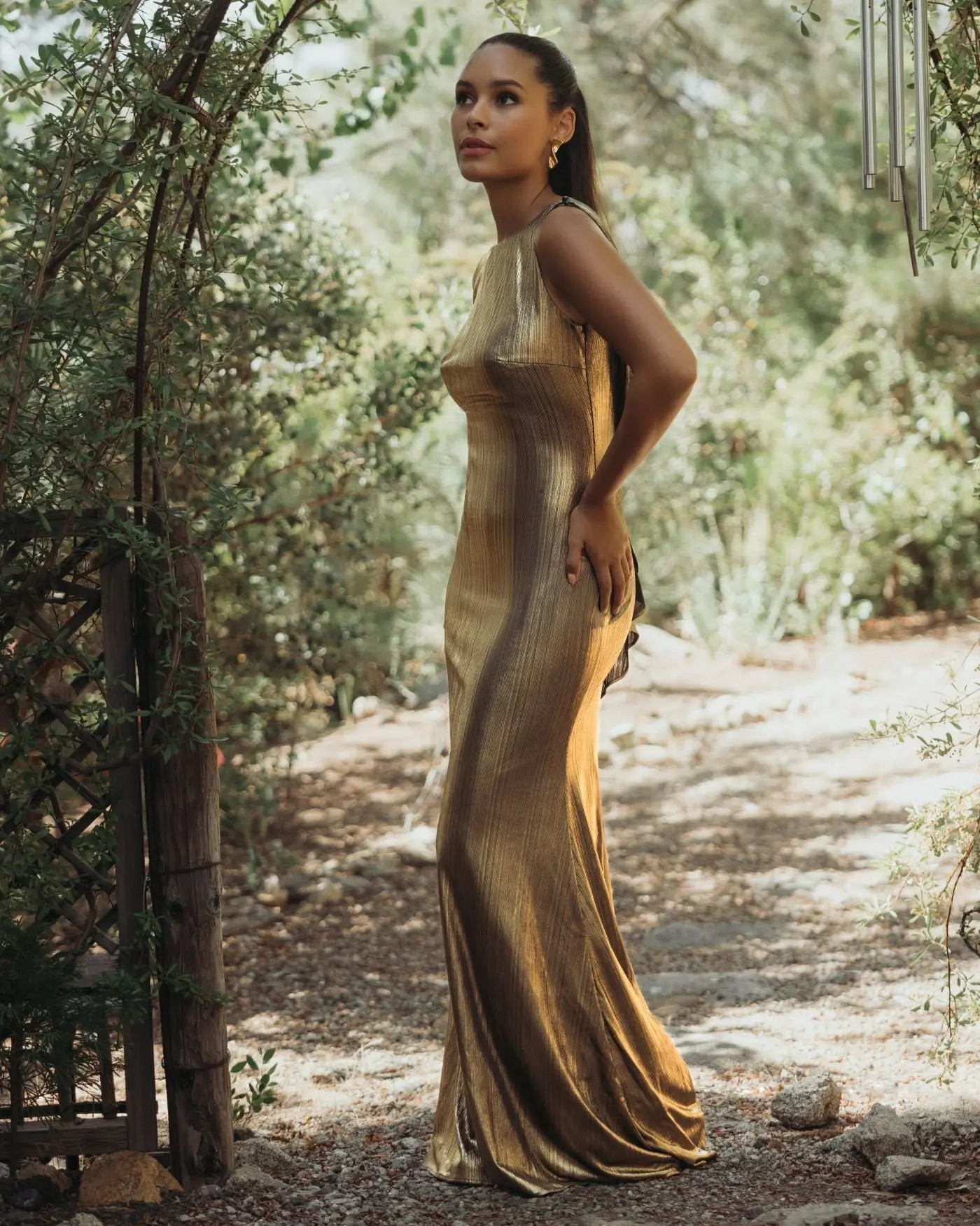 Gold Metallic Jersey Cowl Back Column Gown - Ieena for Mac Duggal