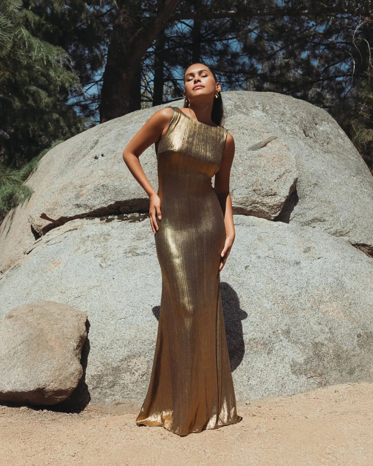 Gold Metallic Jersey Cowl Back Column Gown - Ieena for Mac Duggal