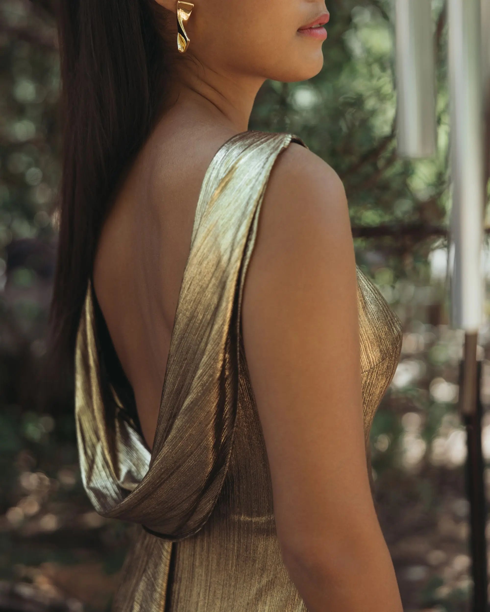 Gold Metallic Jersey Cowl Back Column Gown - Ieena for Mac Duggal