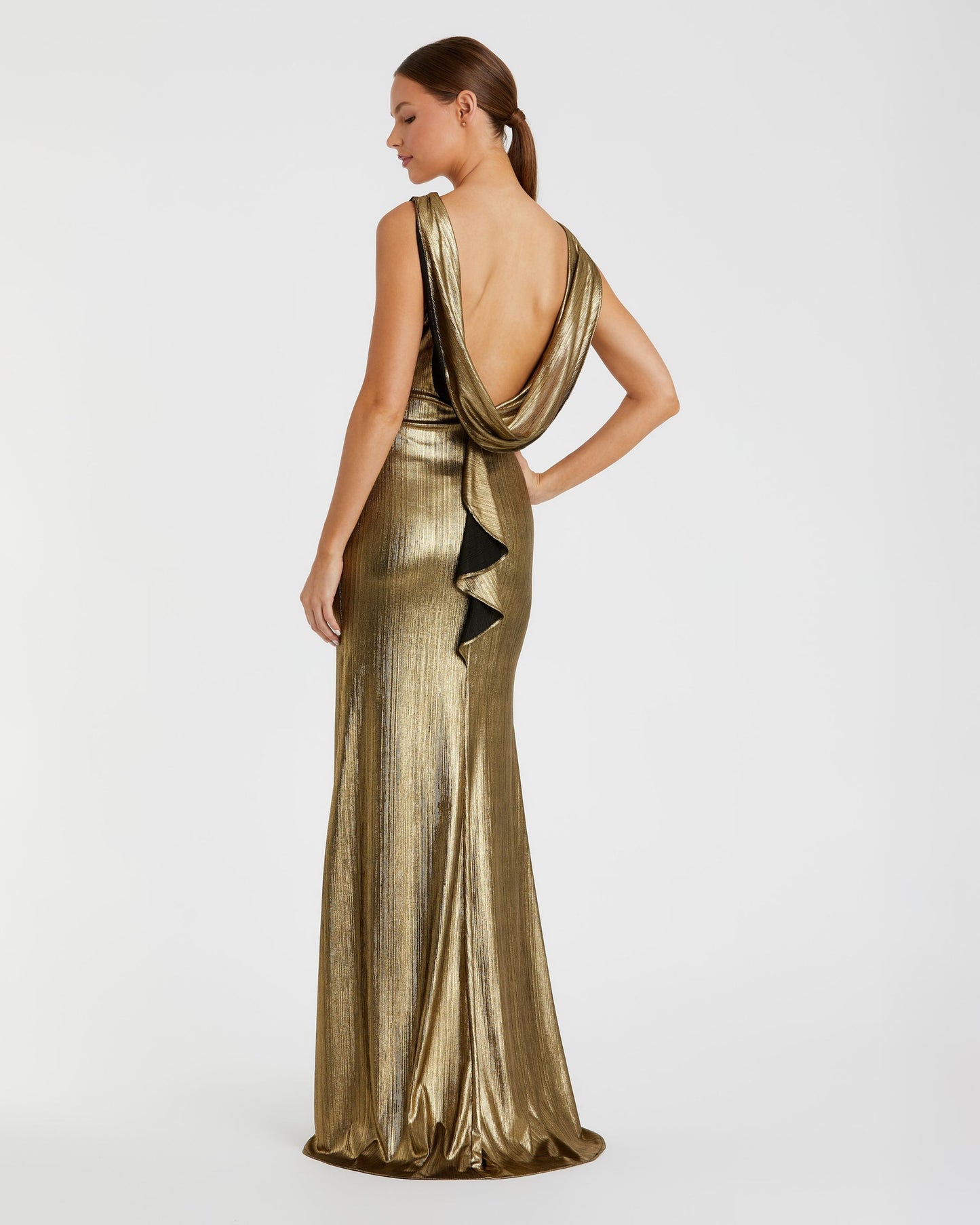 Gold Metallic Jersey Cowl Back Column Gown - Ieena for Mac Duggal