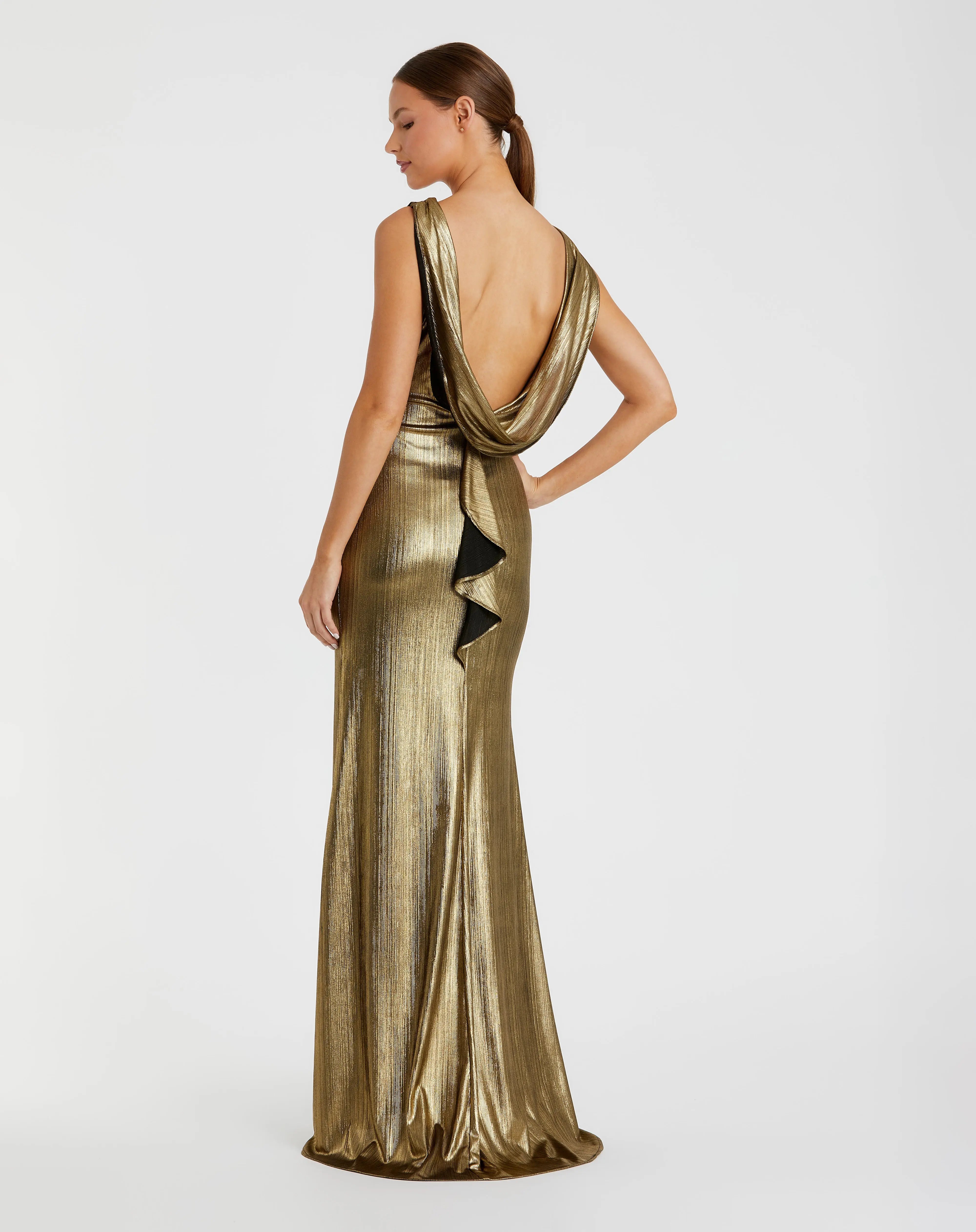 Gold Metallic Jersey Cowl Back Column Gown Ieena for Mac Duggal