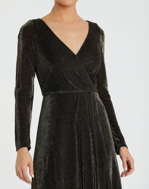 Black Long Sleeve Faux Wrap A Line Gown