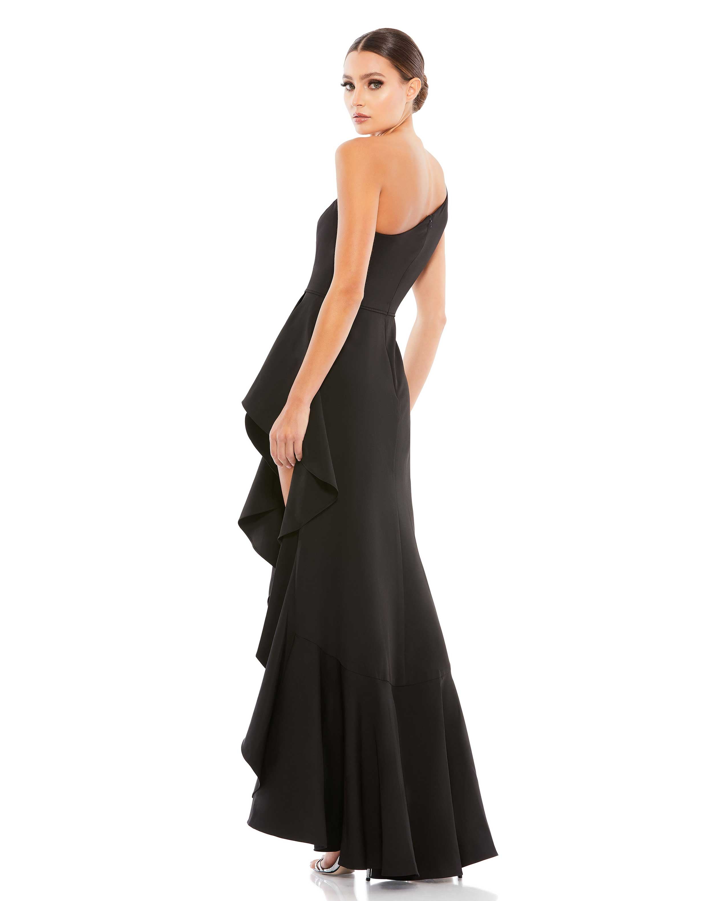 One Shoulder High Slit Ruffle Gown
