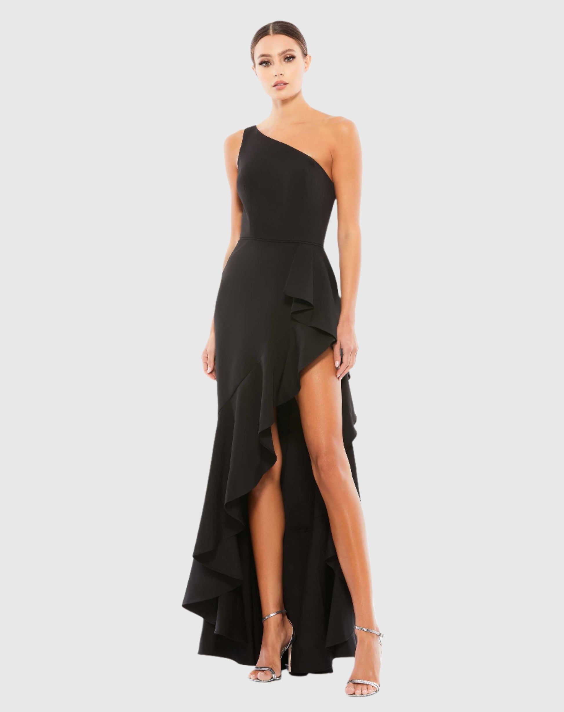 One Shoulder High Slit Ruffle Gown