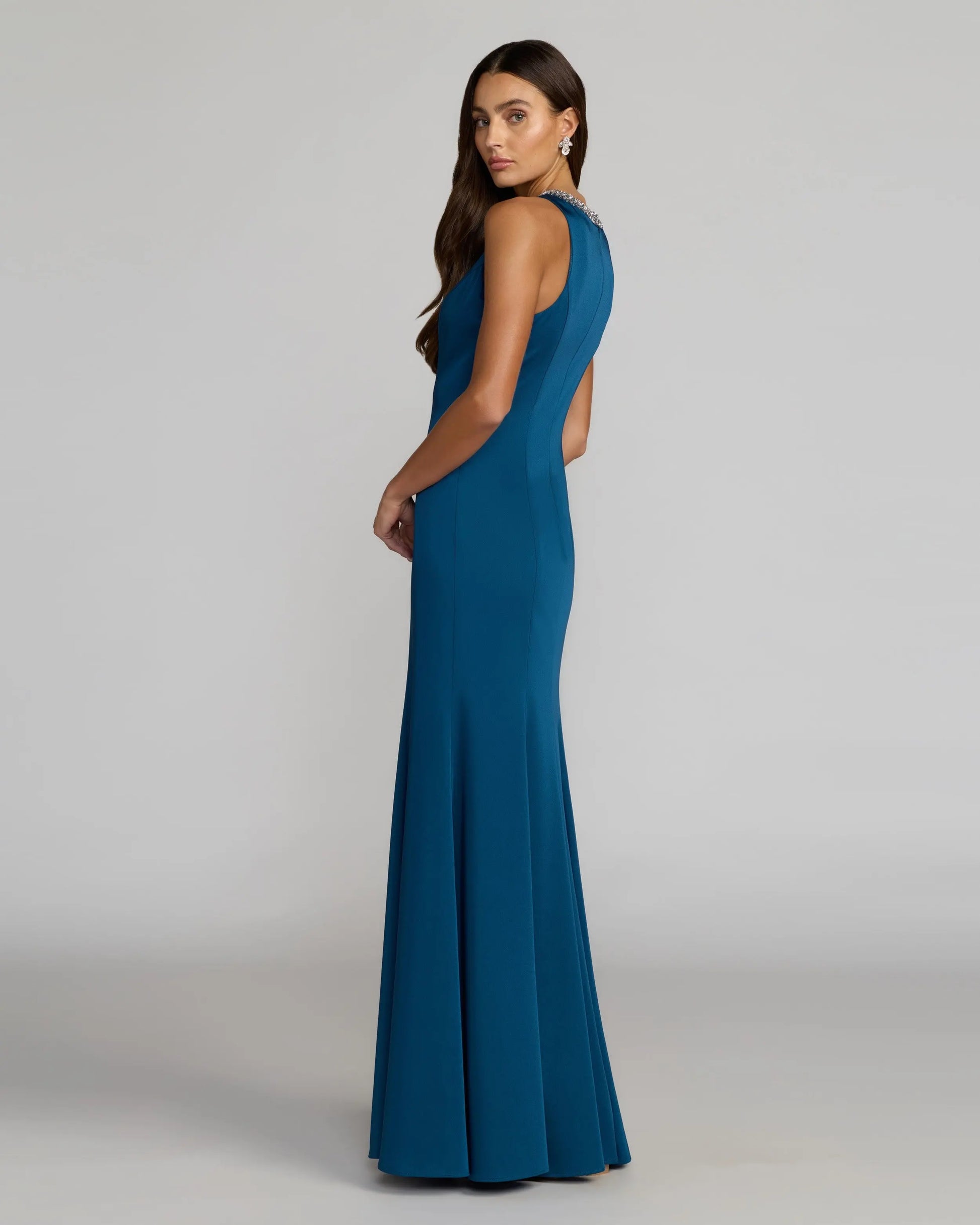 Ieena for Mac Duggal - Blue Embellished Neck Trumpet Gown - US 4 Ieena for Mac Duggal - Blue Embellished Neck Trumpet Gown - US 4
