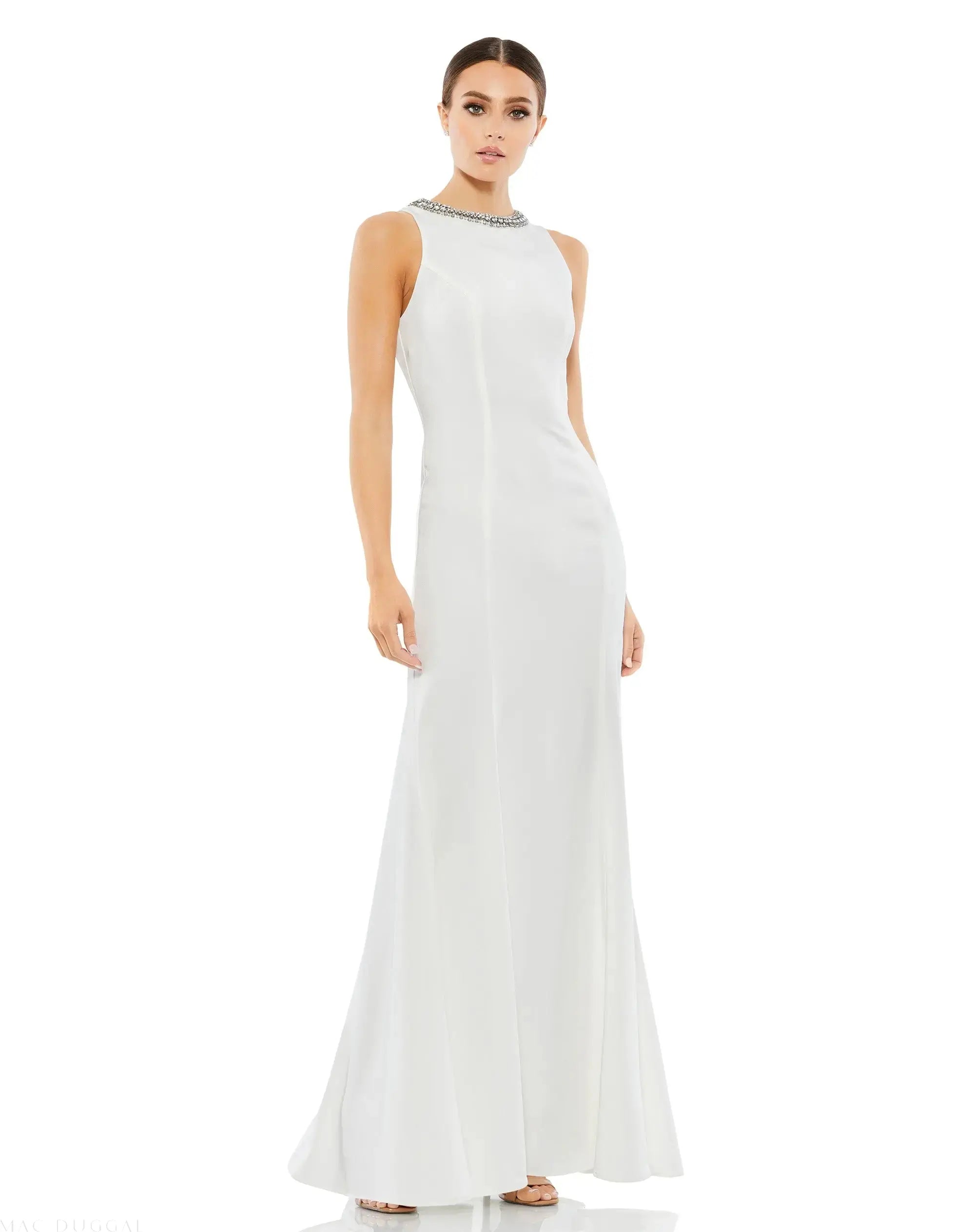 White Embellished Neck Trumpet Gown - Ieena for Mac Duggal