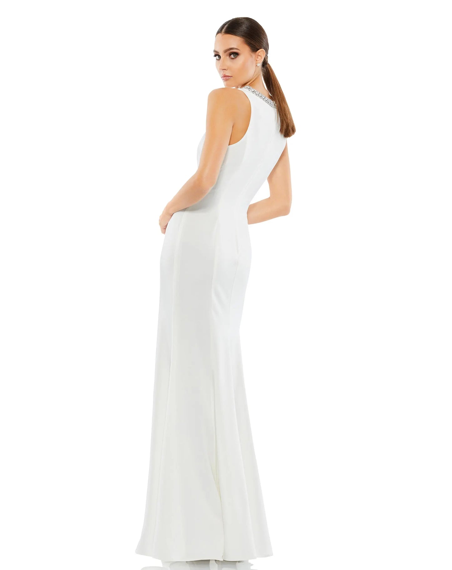 White Embellished Neck Trumpet Gown - Ieena for Mac Duggal