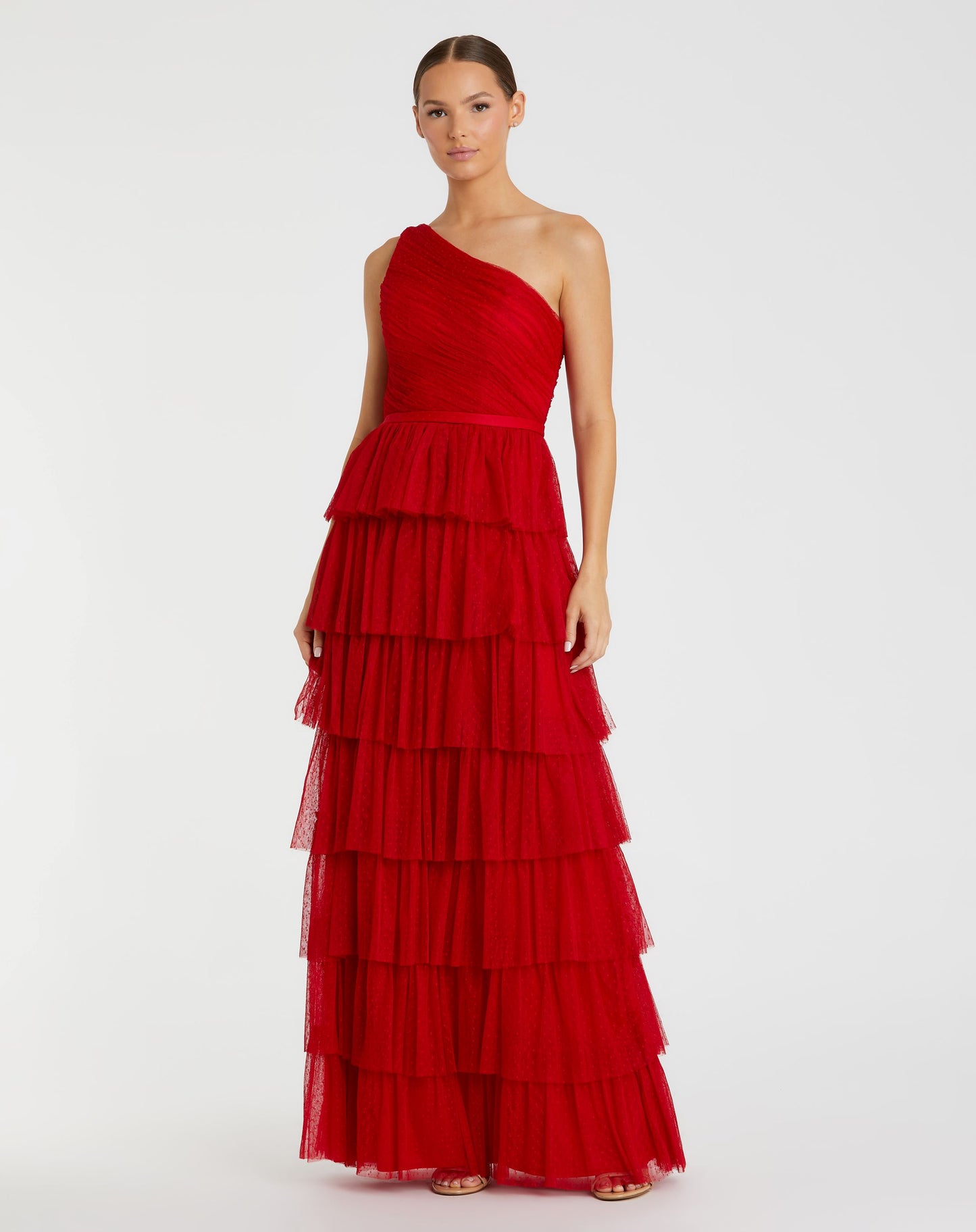 One Shoulder Layered Tiered Tulle Gown