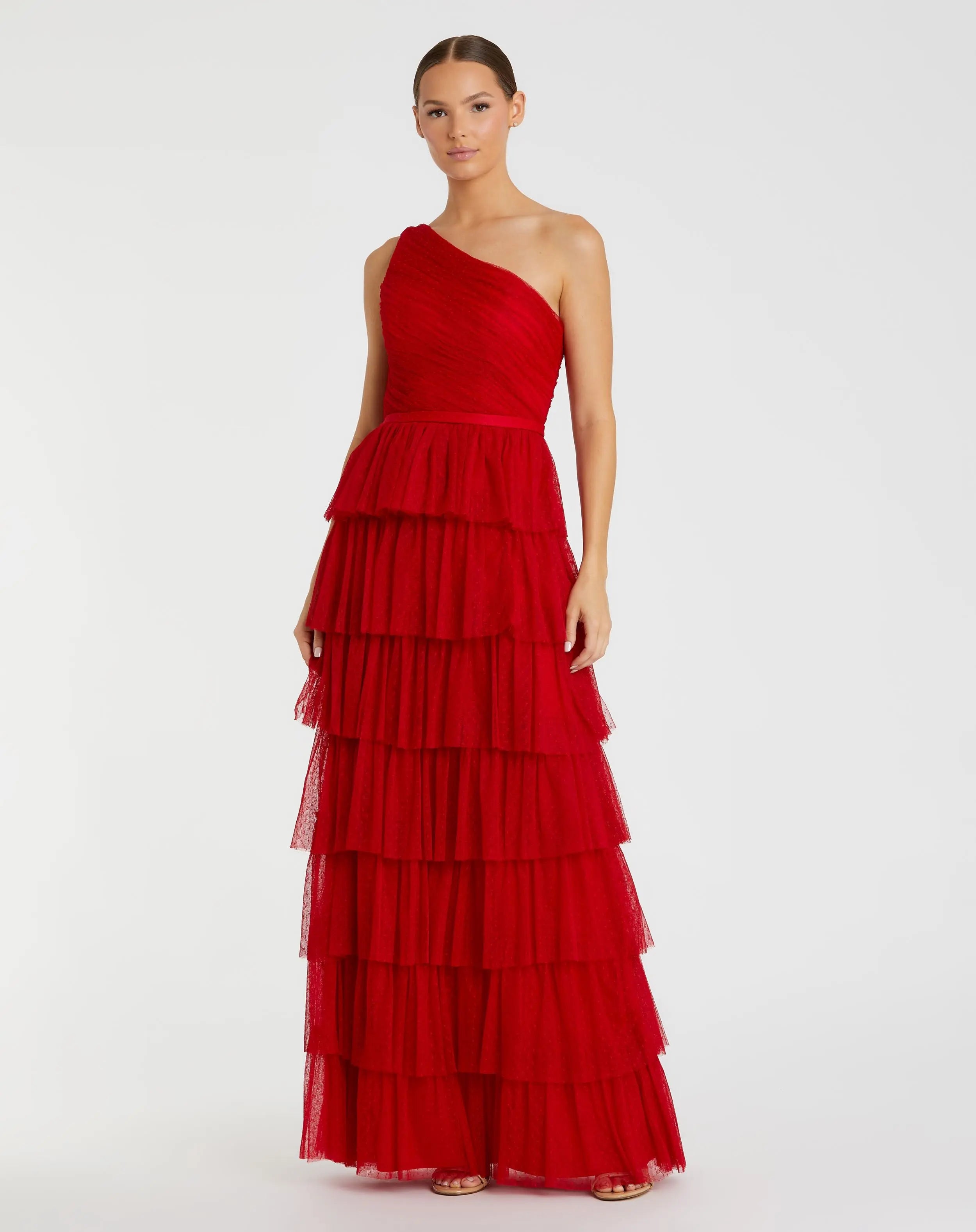 Red One Shoulder Layered Tiered Tulle Gown - Mac Duggal