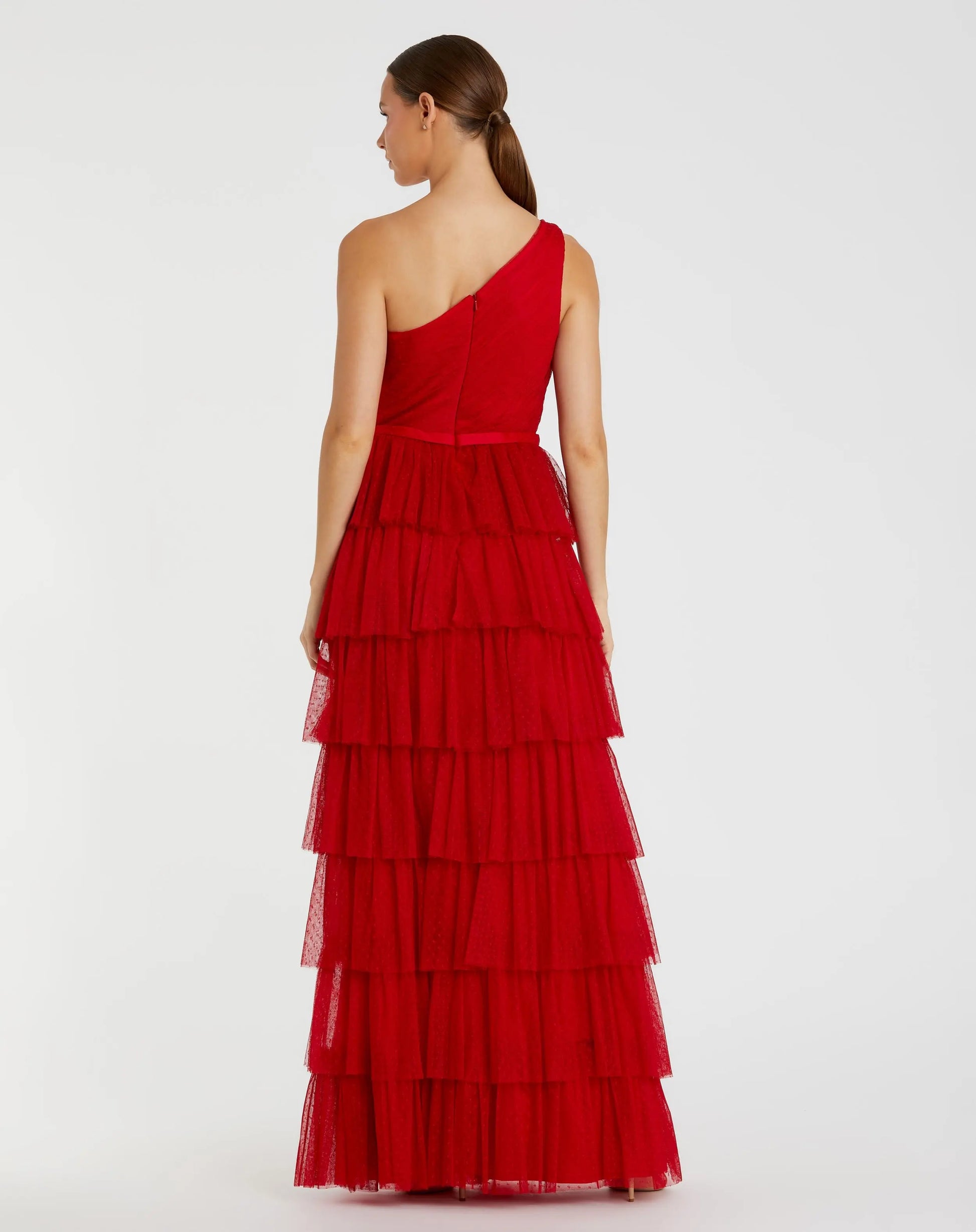 Red One Shoulder Layered Tiered Tulle Gown - Mac Duggal Red One Shoulder Layered Tiered Tulle Gown - Mac Duggal