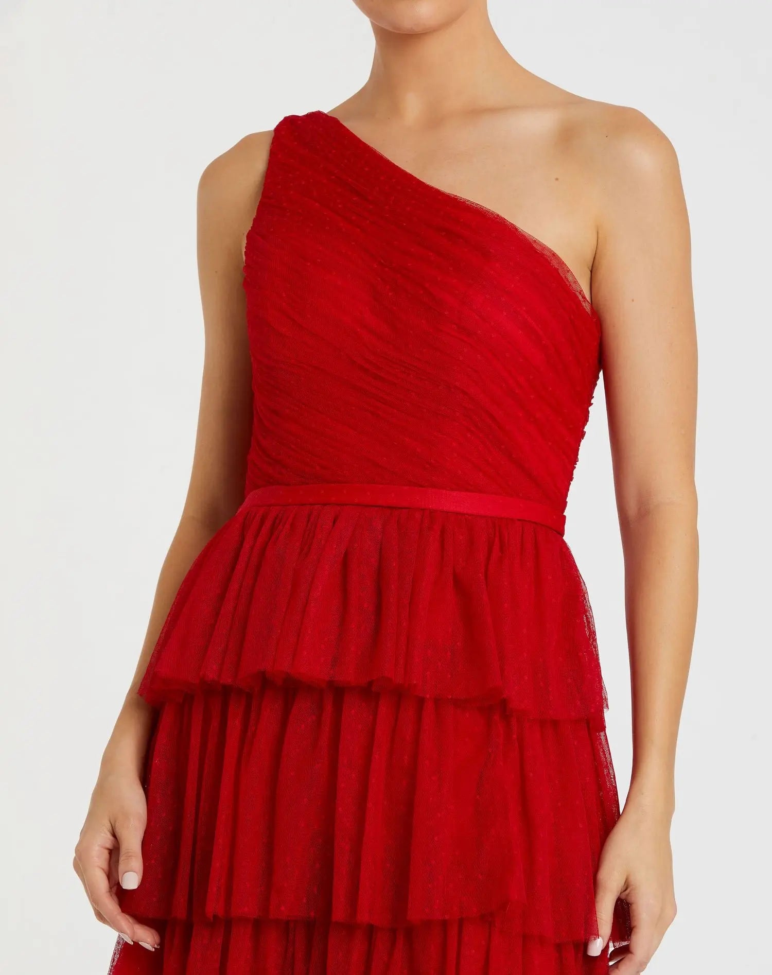 Red One Shoulder Layered Tiered Tulle Gown - Mac Duggal