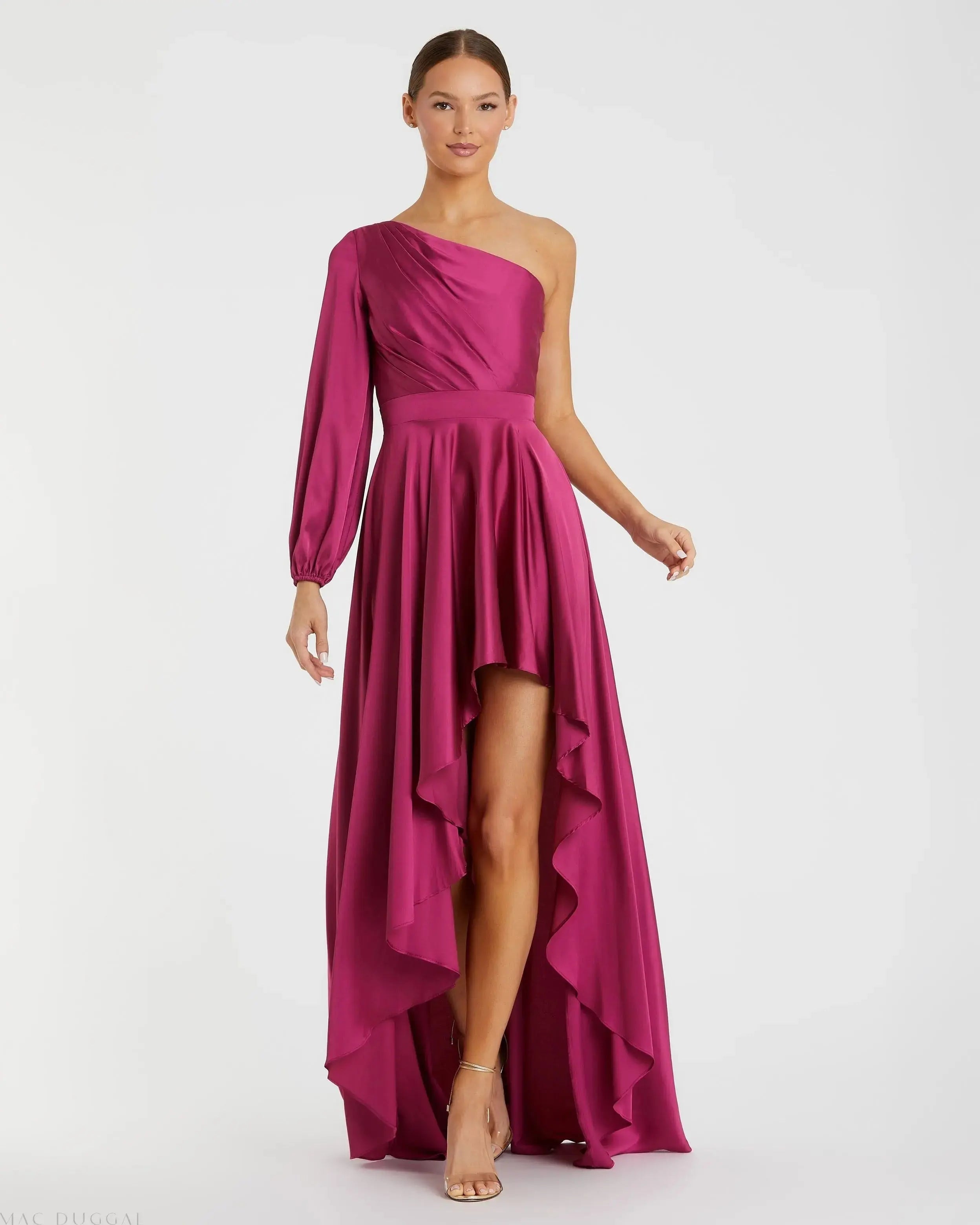 Purple Long Sleeve One Shoulder Satin High Low A-line Gown - Ieena for Mac Duggal