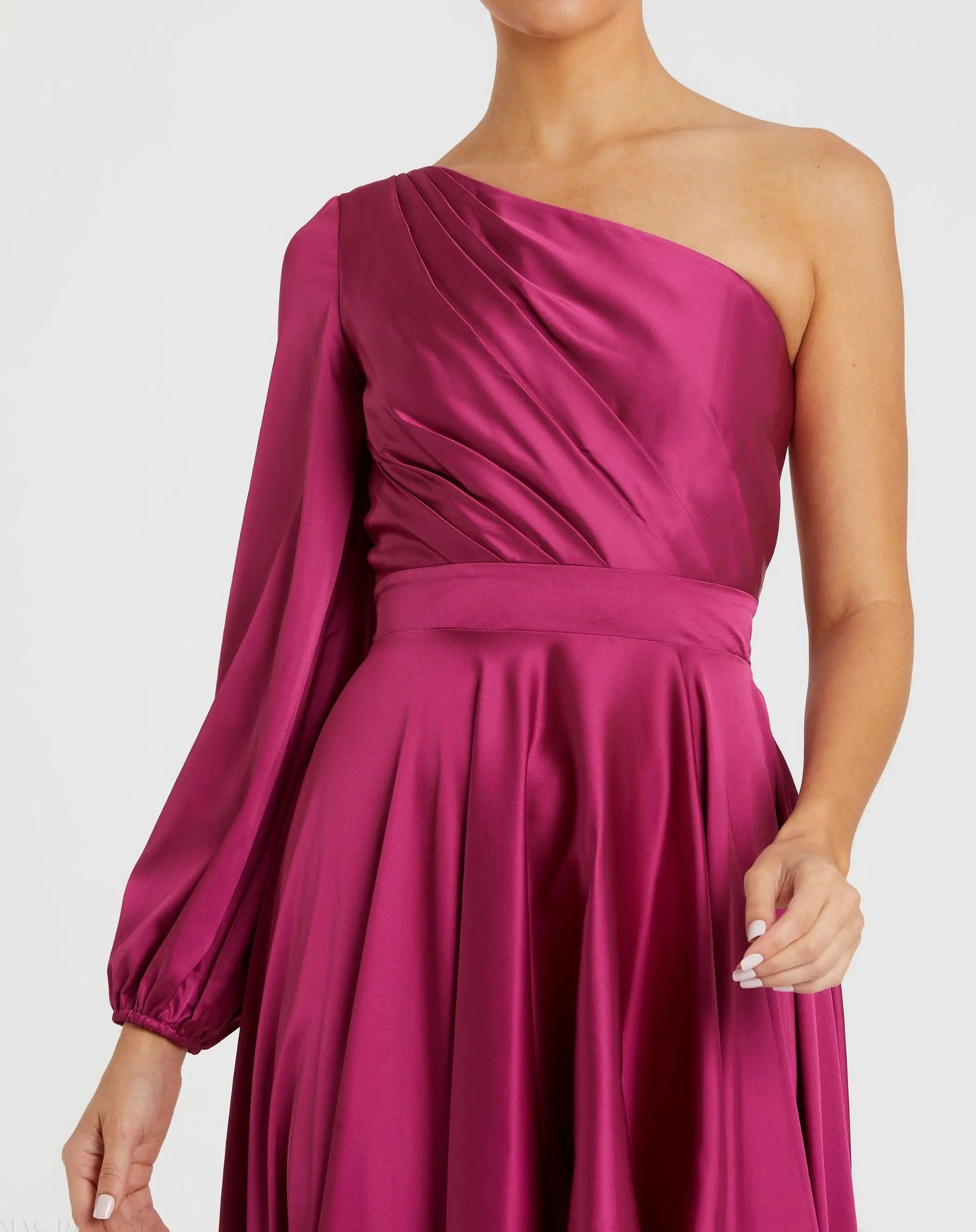Purple Long Sleeve One Shoulder Satin High Low A-line Gown | Mac Duggal Purple Long Sleeve One Shoulder Satin High Low A-line Gown | Mac Duggal