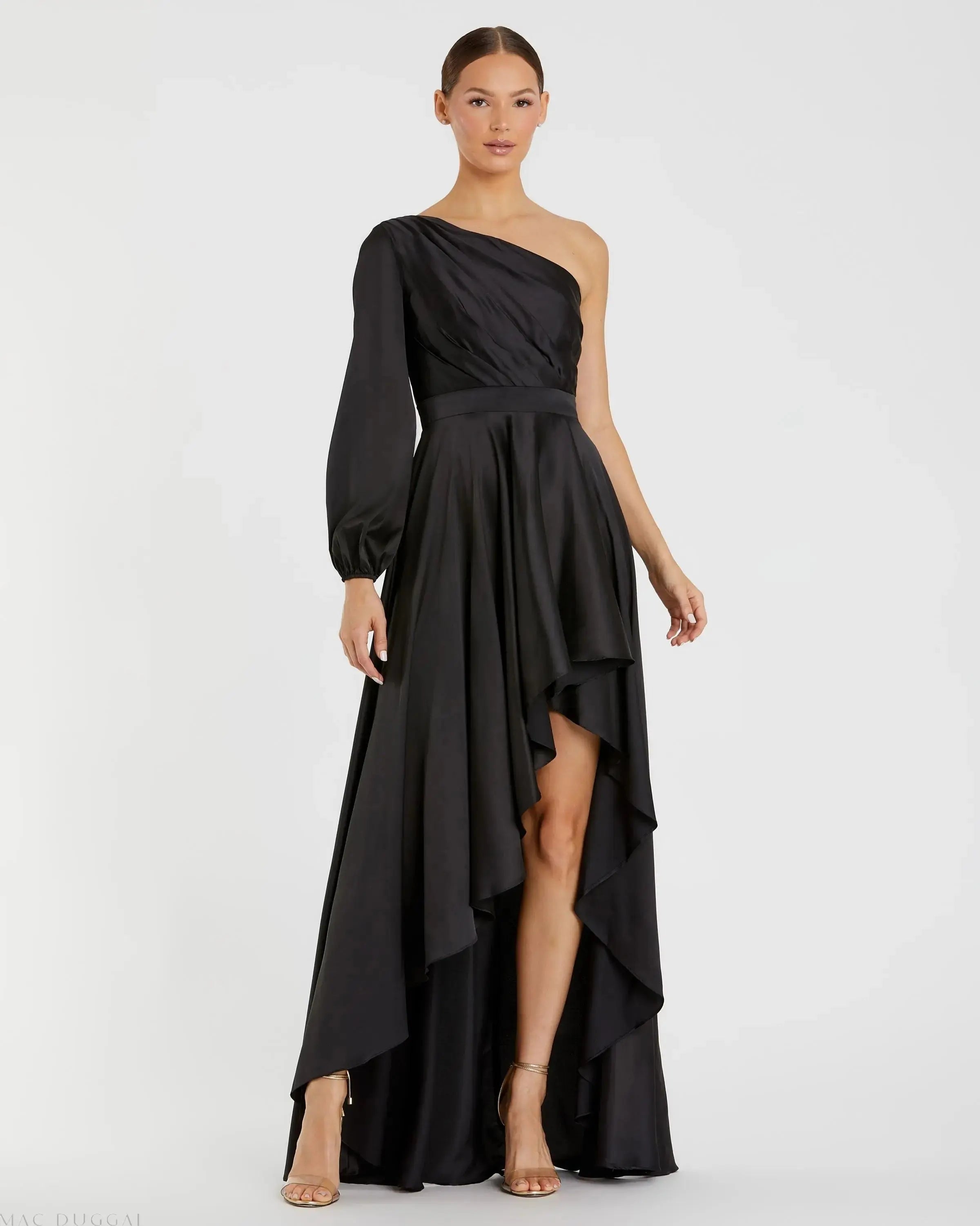 Black Long Sleeve One Shoulder Satin High Low A-line Gown - Ieena for Mac Duggal