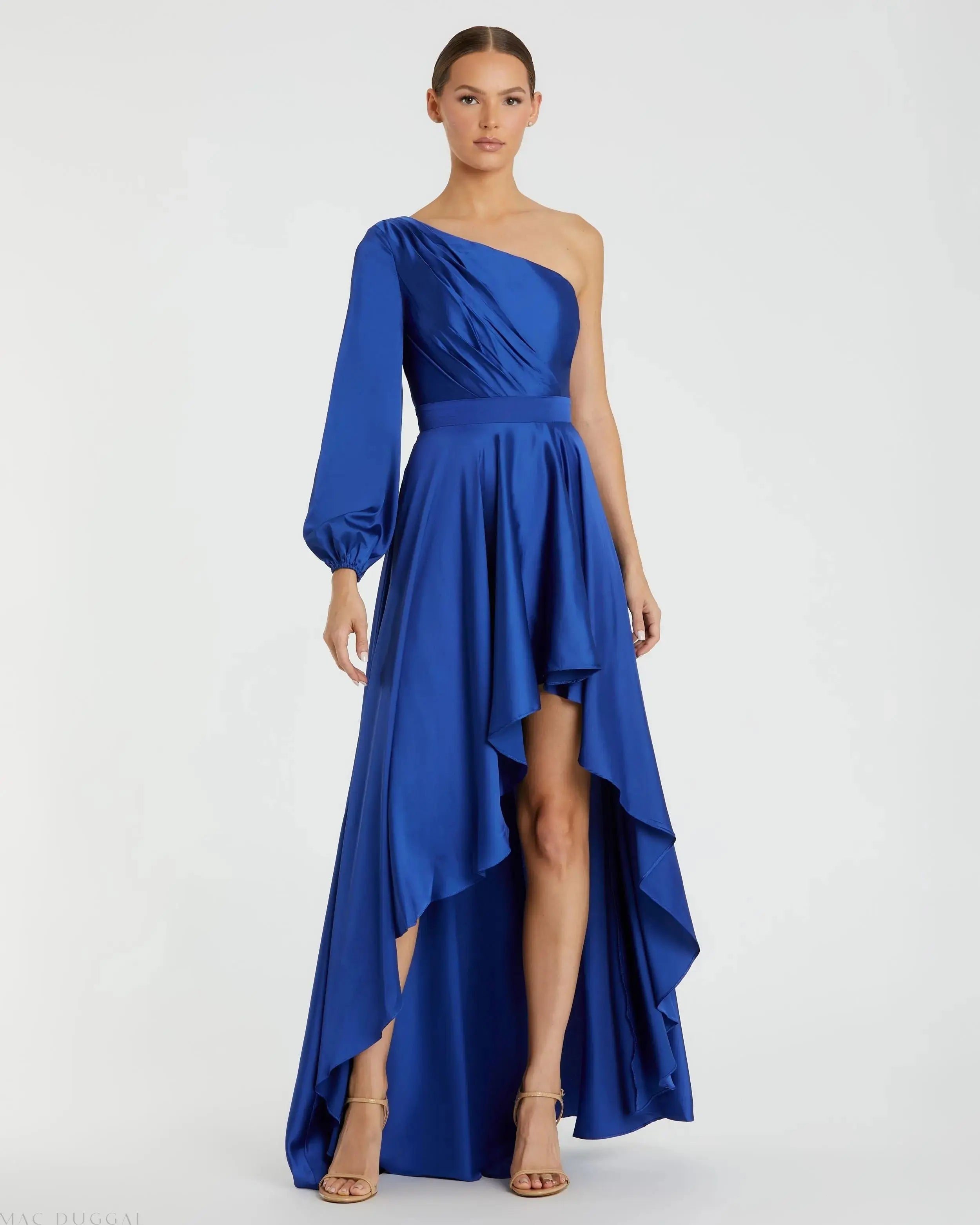 Dark Blue Long Sleeve One Shoulder Satin High Low A-line Gown - Ieena for Mac Duggal