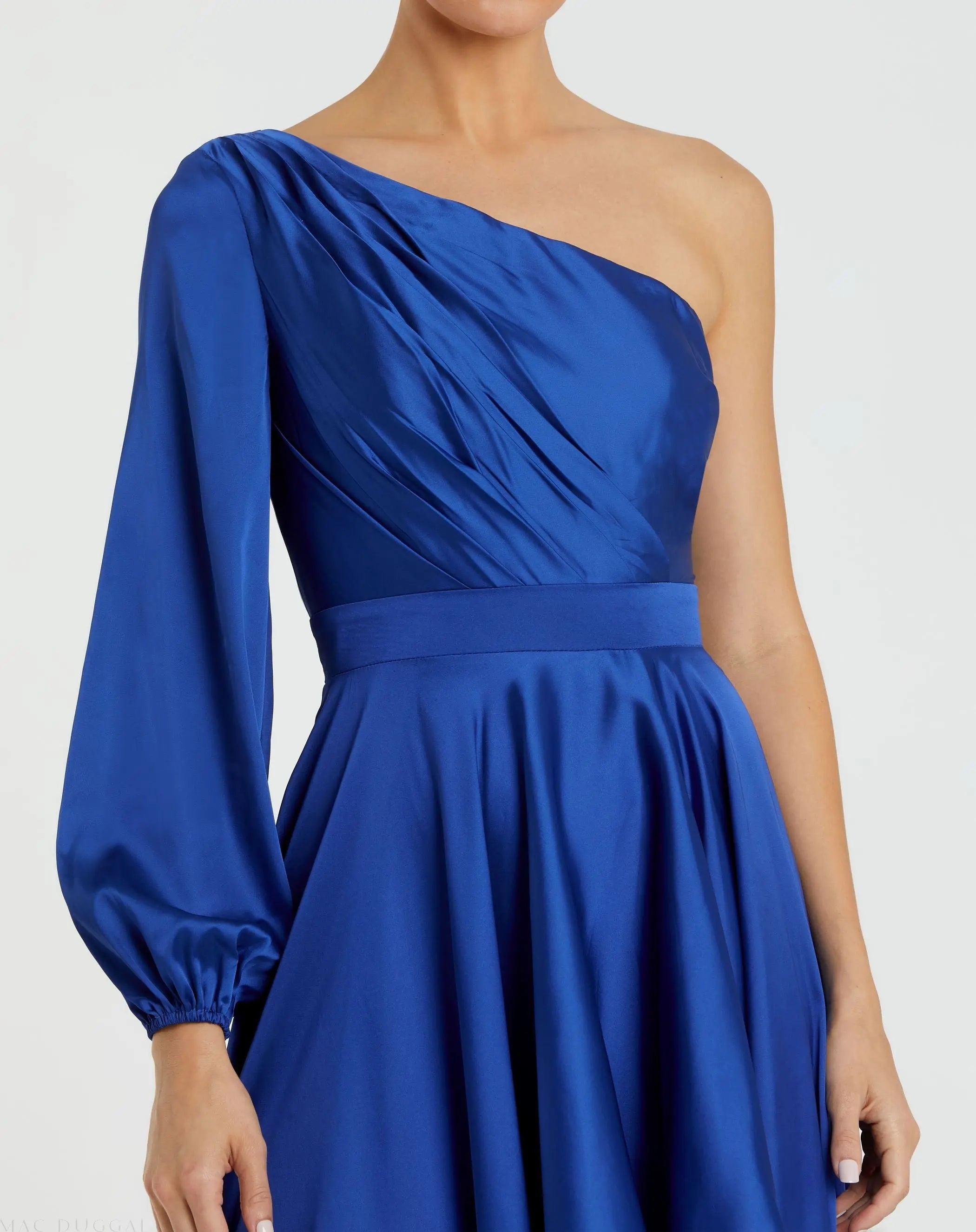 Dark Blue Long Sleeve One Shoulder Satin High Low A-line Gown - Ieena for Mac Duggal