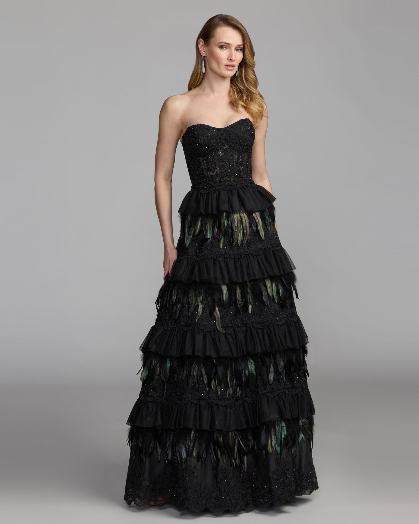 Black Strapless Sweetheart Lace Tiered Feather Ball Gown - Mac Duggal