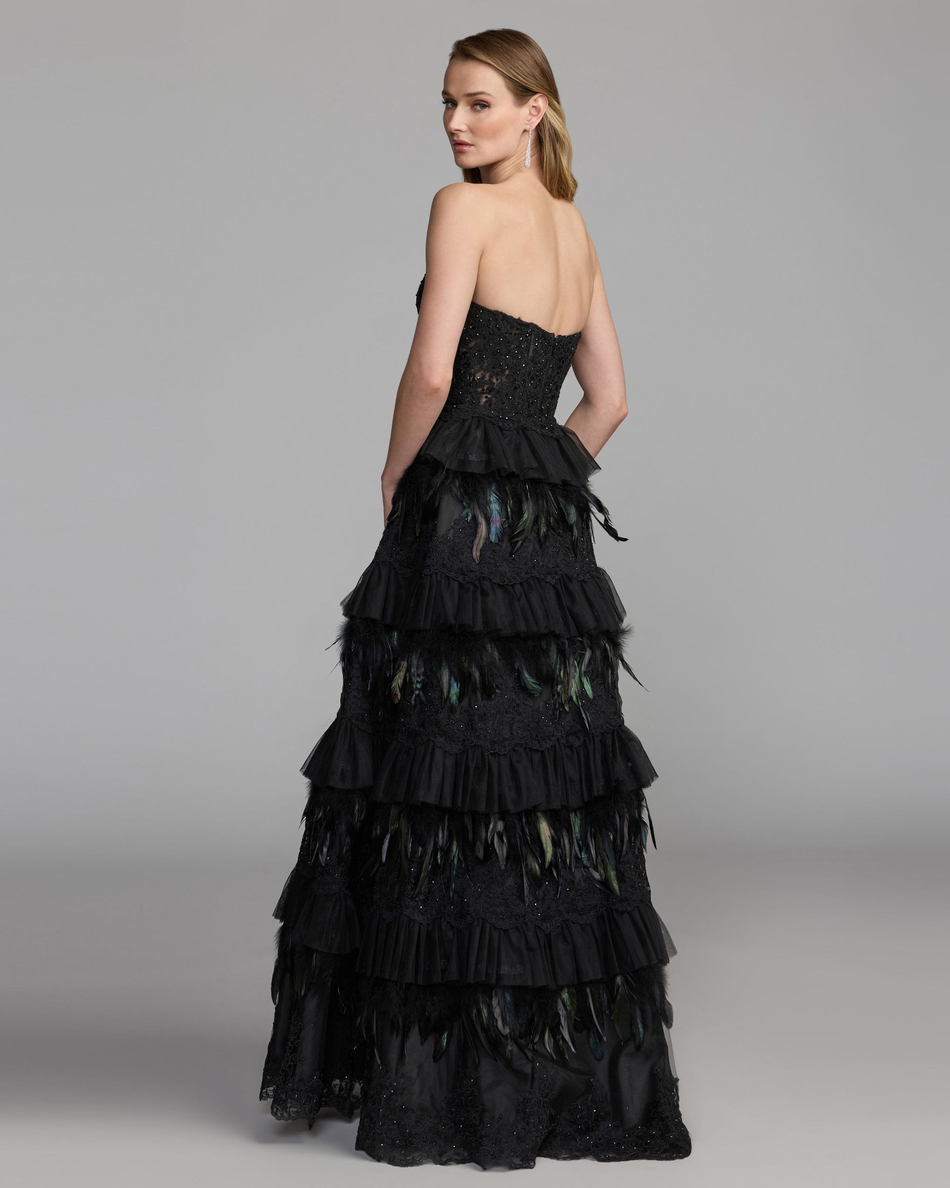 Mac Duggal Women's Strapless Tiered Lace & Feather Gown - Black - Size 14 Mac Duggal Women's Strapless Tiered Lace & Feather Gown - Black - Size 14