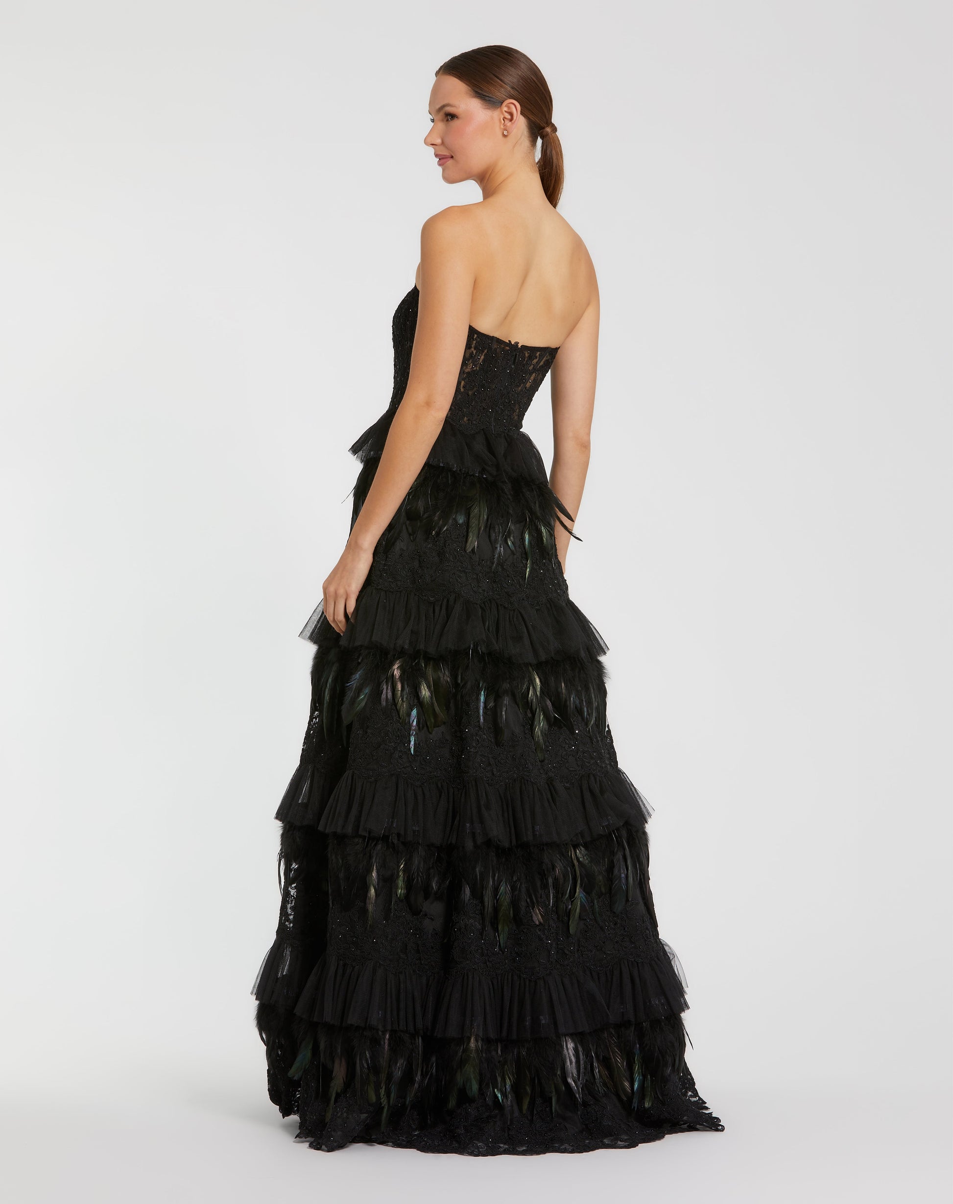 Black Strapless Sweetheart Lace Tiered Feather Ball Gown - Mac Duggal