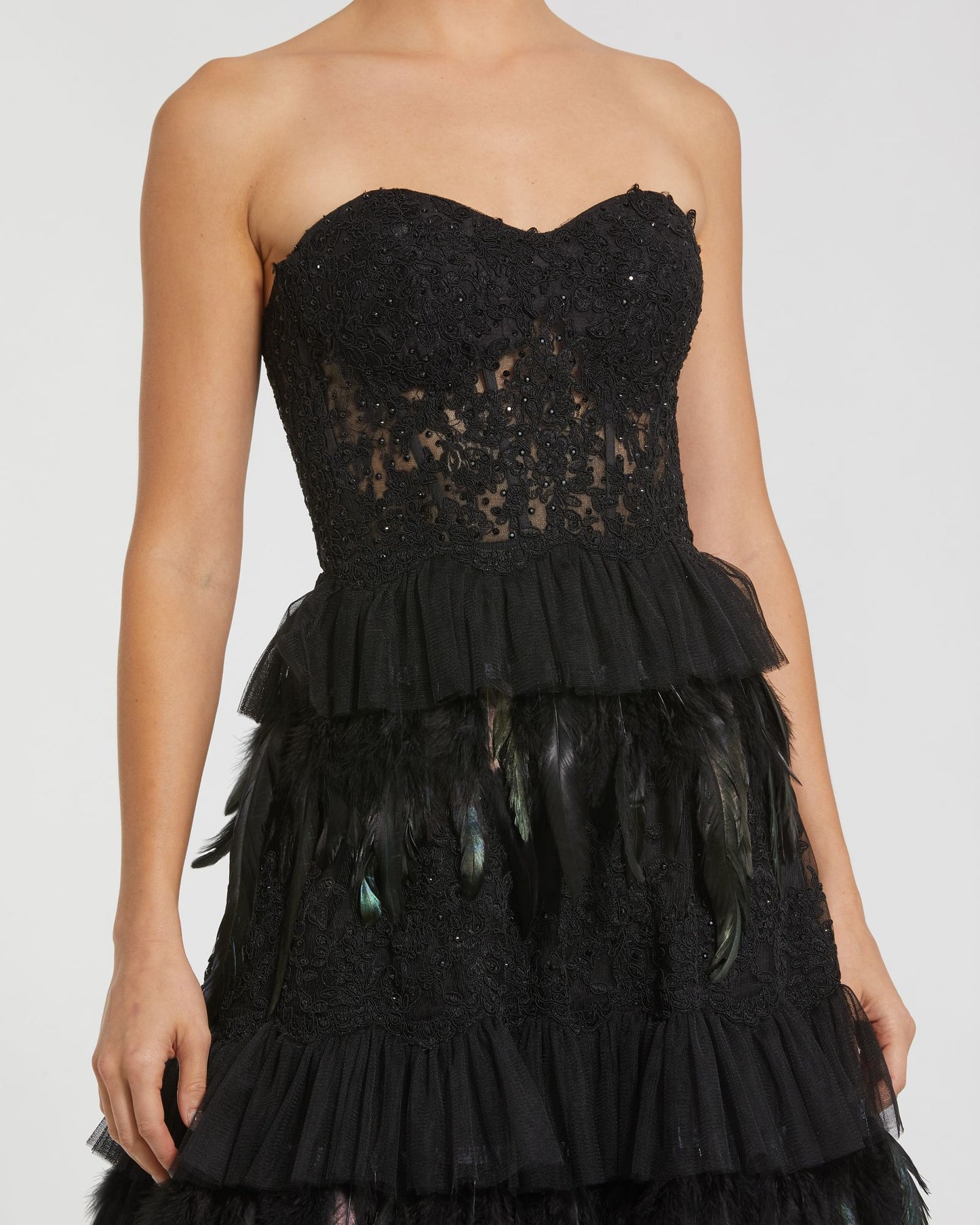 Black Strapless Sweetheart Lace Tiered Feather Ball Gown - Mac Duggal