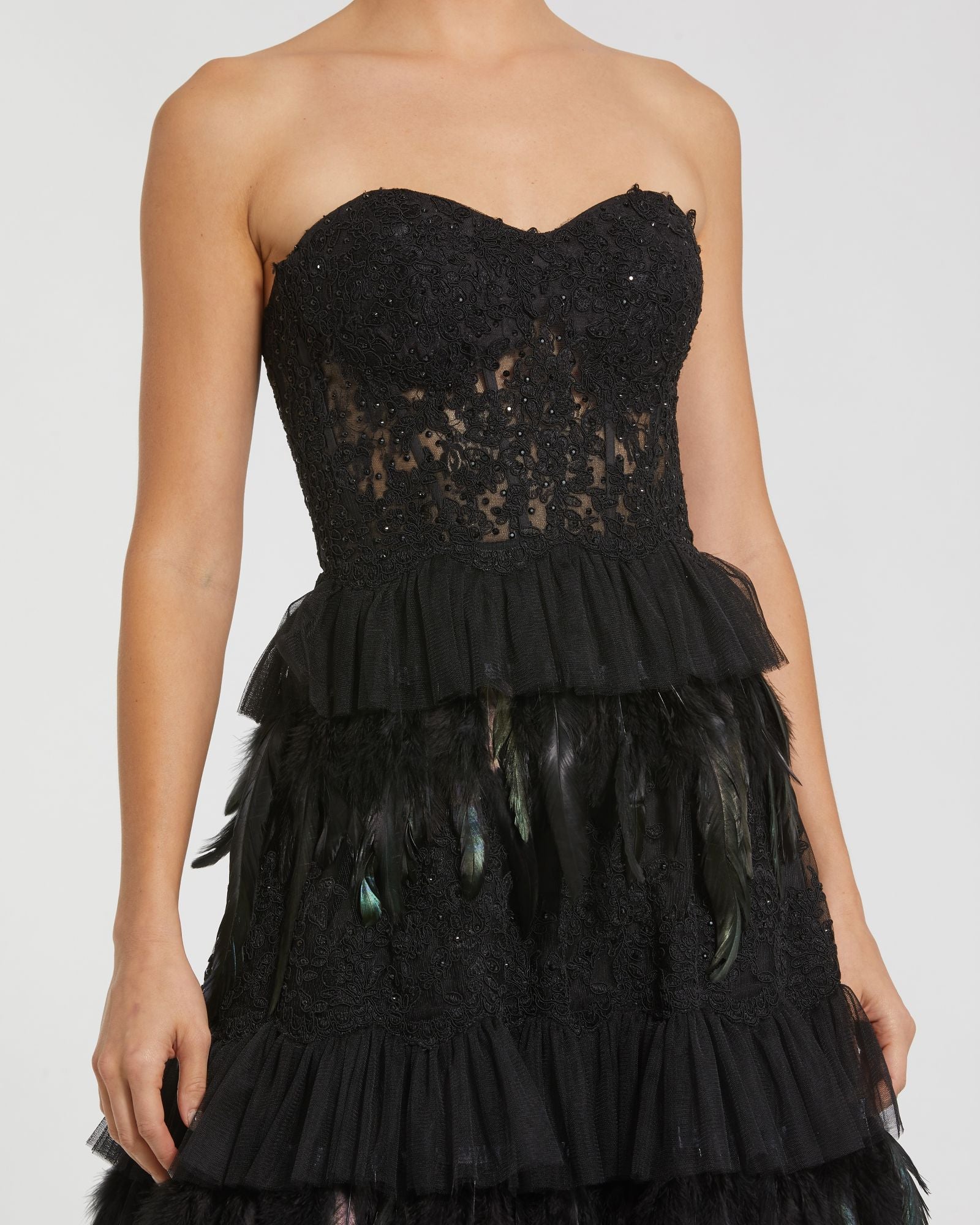 Black Strapless Sweetheart Lace Tiered Feather Ball Gown - Mac Duggal