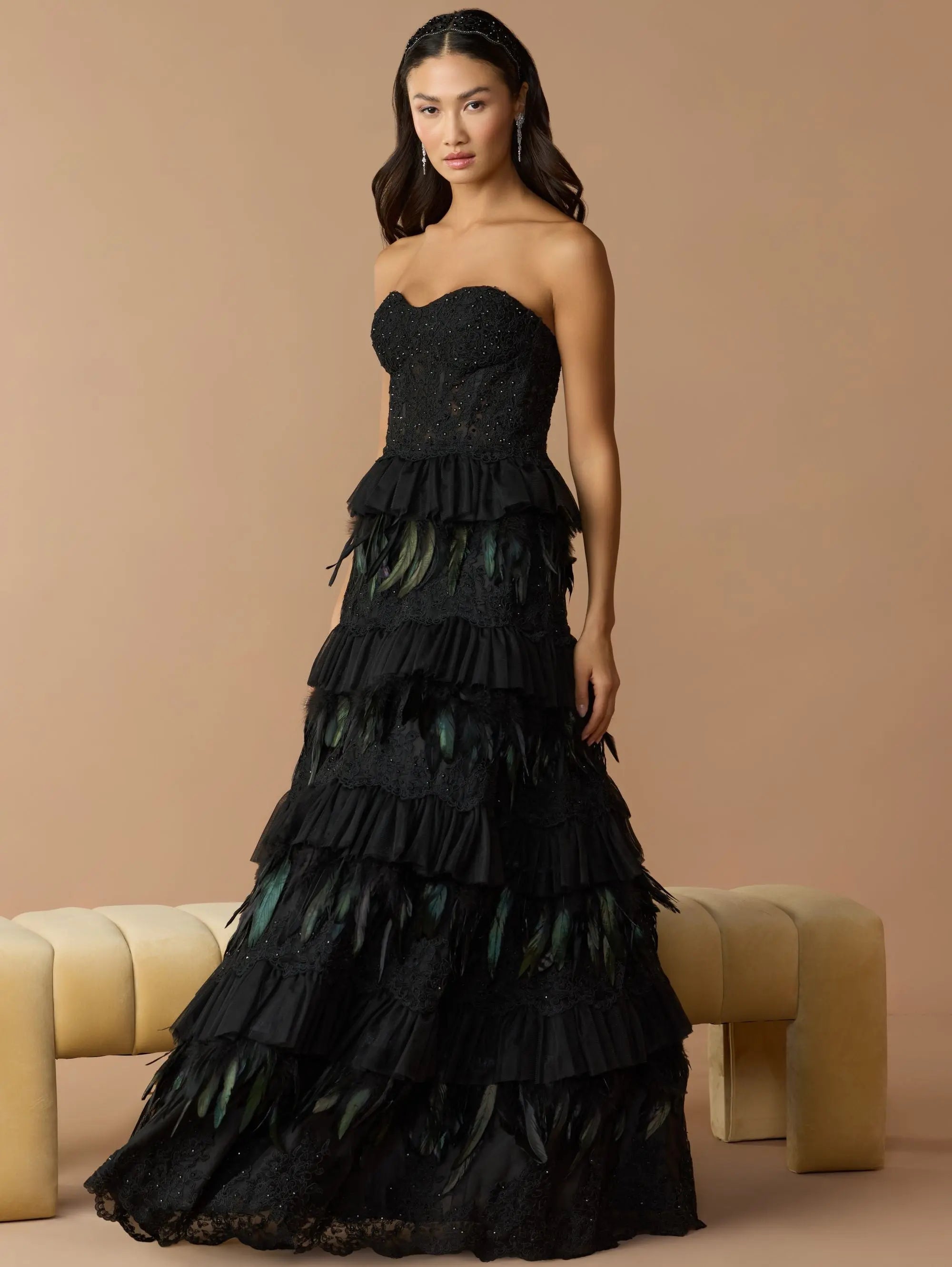 Black Strapless Sweetheart Lace Tiered Feather Ball Gown Mac Duggal