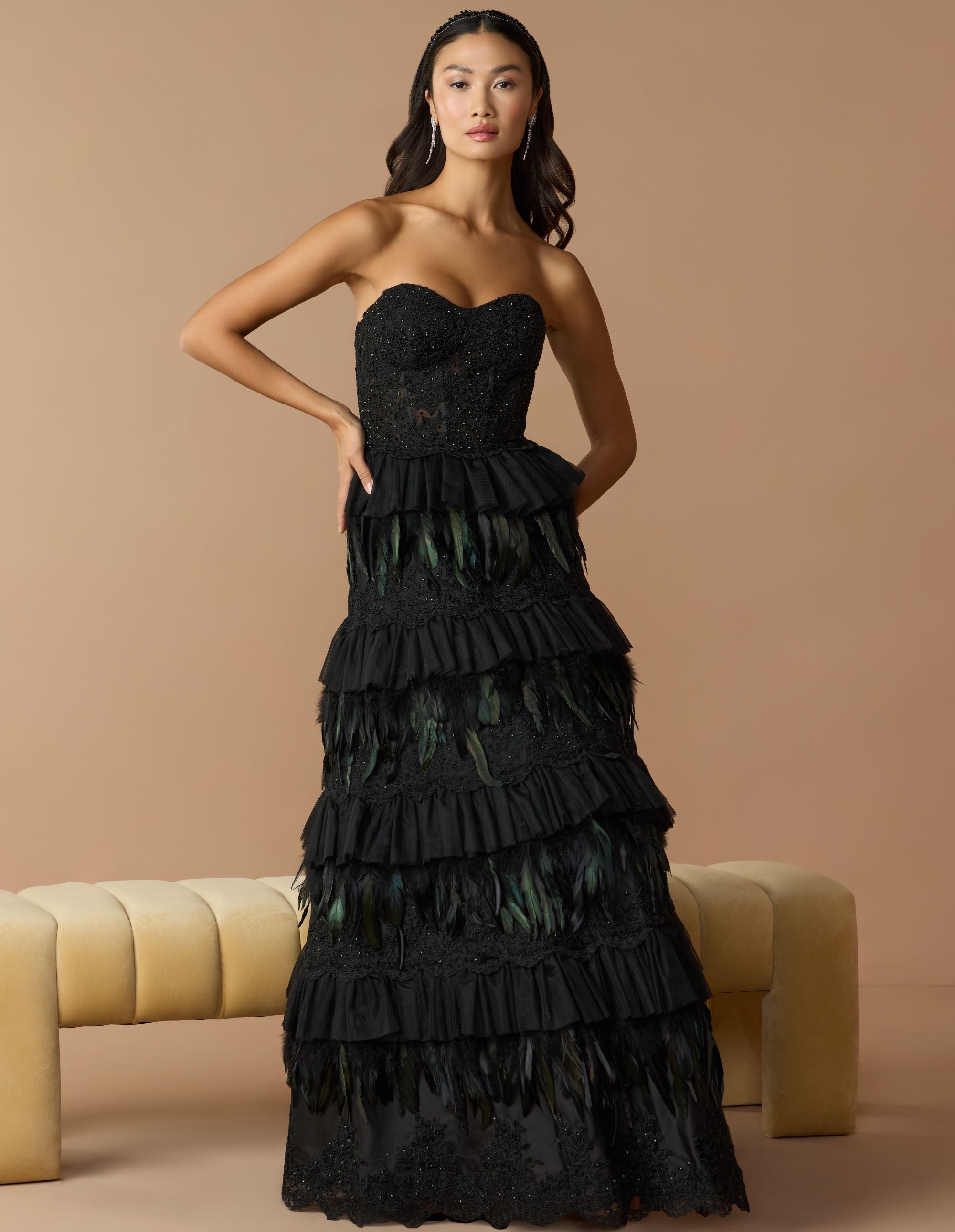 Black Strapless Sweetheart Lace Tiered Feather Ball Gown