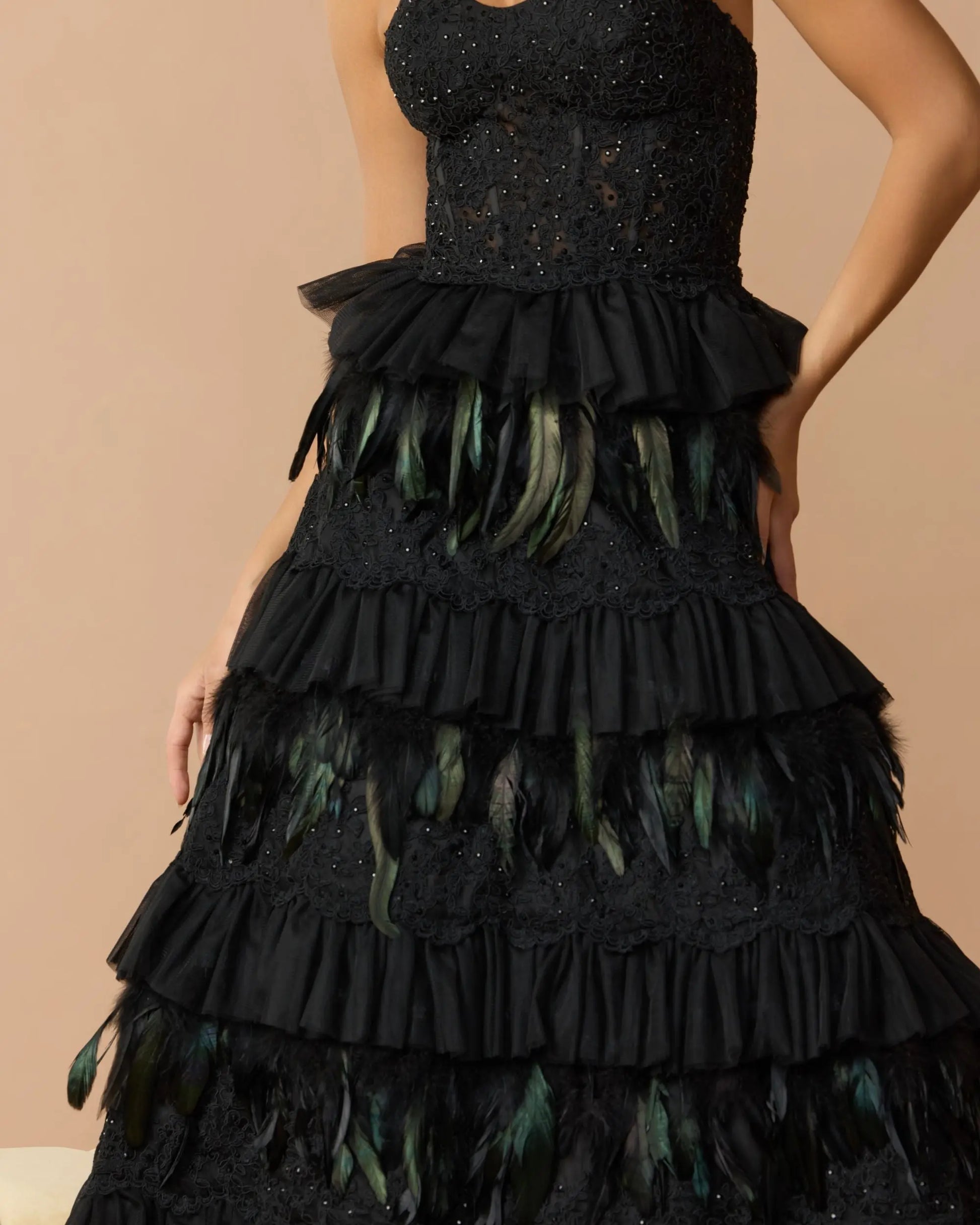 Black Strapless Sweetheart Lace Tiered Feather Ball Gown Mac Duggal