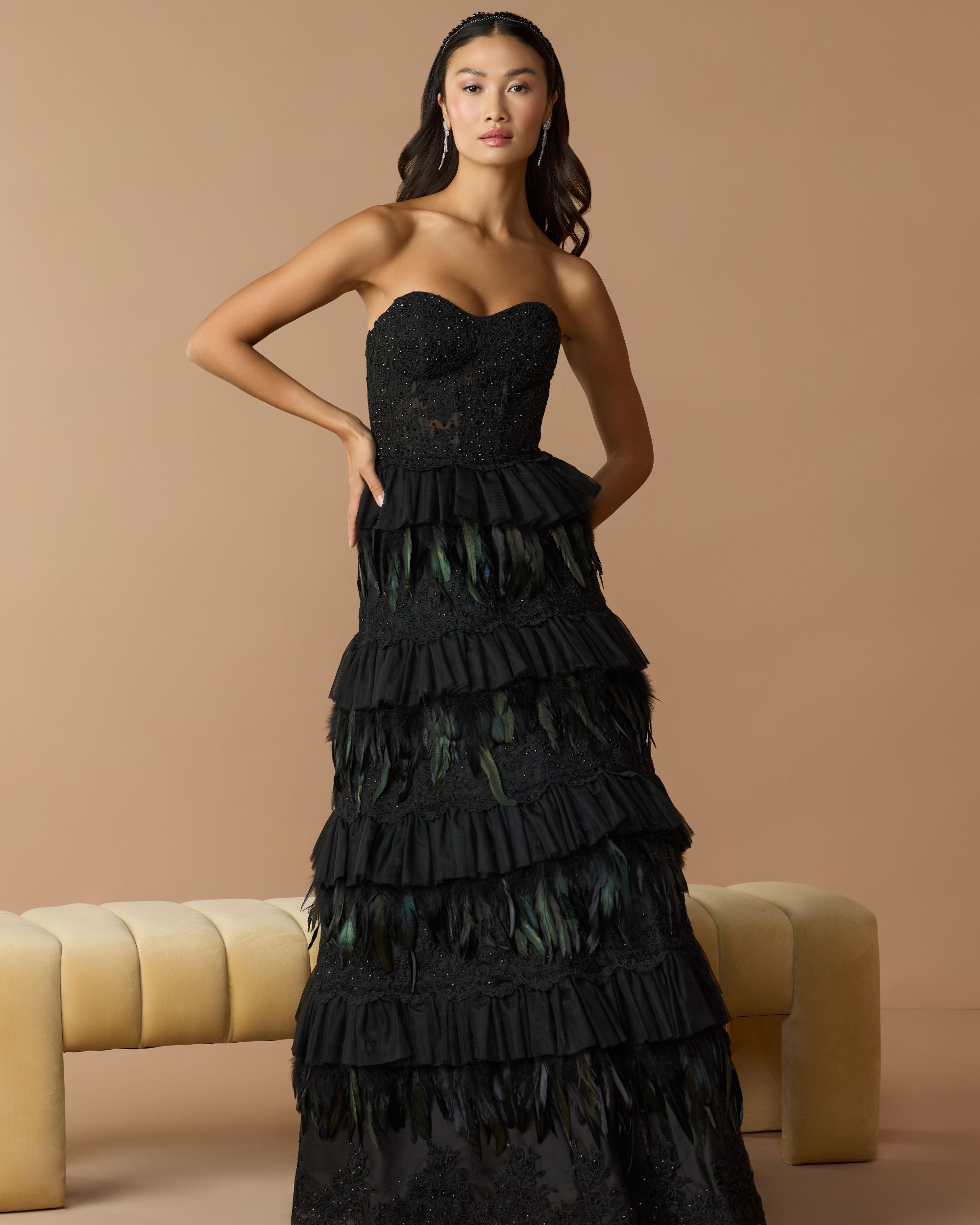 Black Strapless Sweetheart Lace Tiered Feather Ball Gown