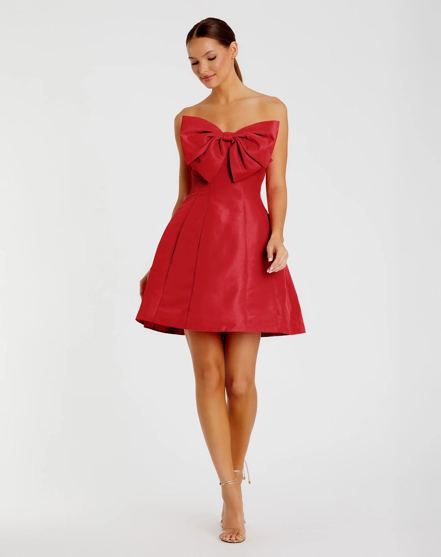 Ieena for Mac Duggal - Red Strapless Oversized Bow Fit & Flare Mini Dress - US 8 Ieena for Mac Duggal - Red Strapless Oversized Bow Fit & Flare Mini Dress - US 8