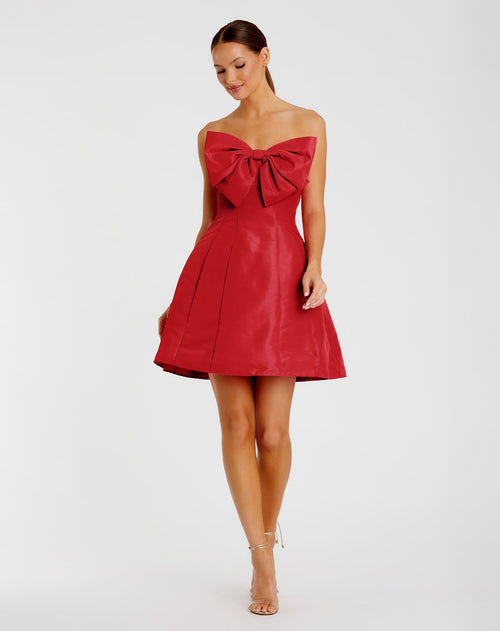 Red Strapless Oversized Bow Fit & Flare Mini Dress - Mac Duggal
