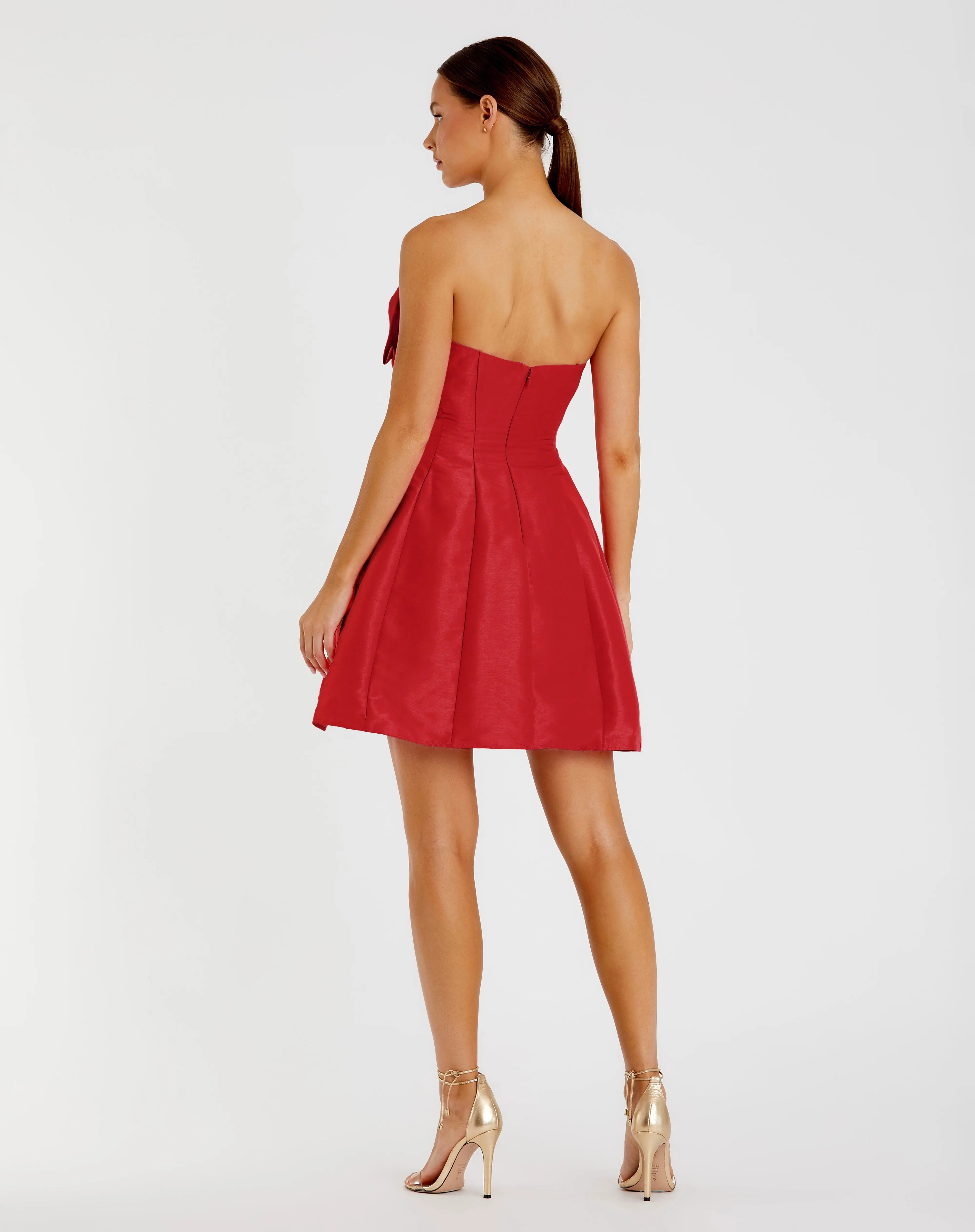 Red Strapless Oversized Bow Fit & Flare Mini Dress | Mac Duggal Red Strapless Oversized Bow Fit & Flare Mini Dress | Mac Duggal