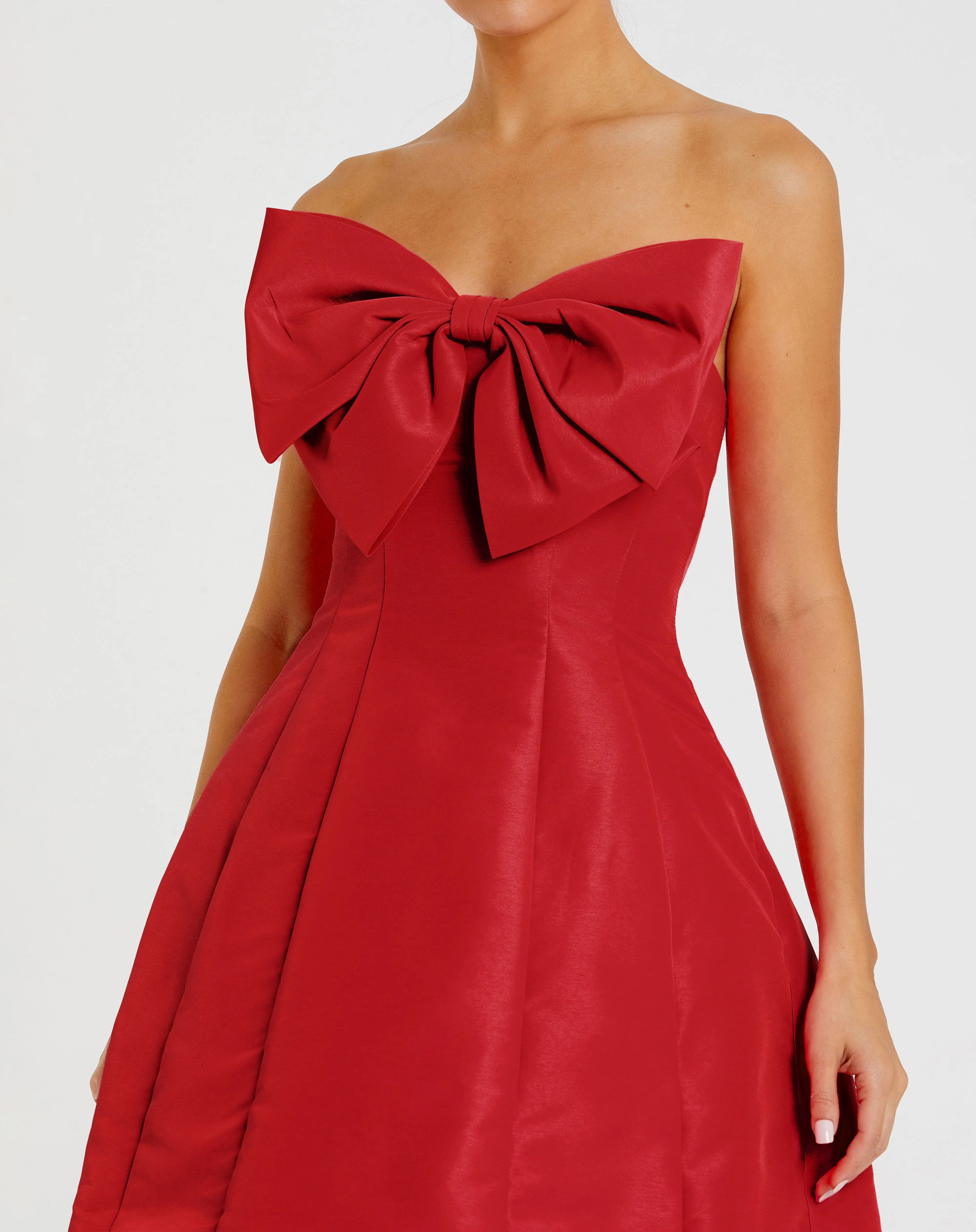 Red Strapless Oversized Bow Fit & Flare Mini Dress Ieena for Mac Duggal