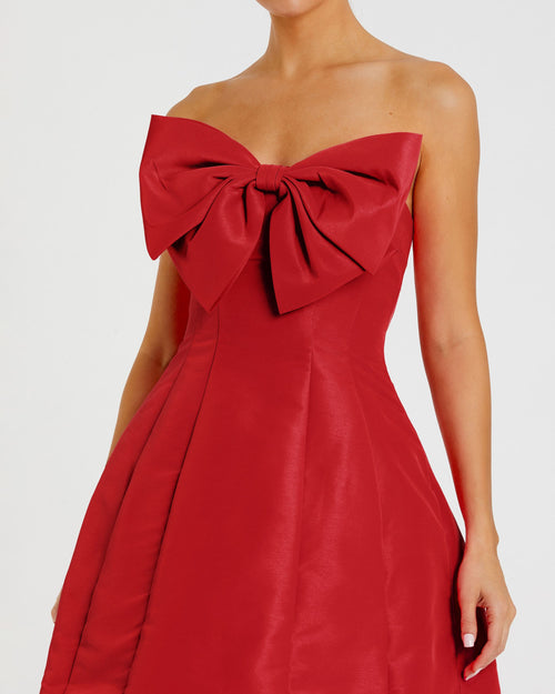 Red Strapless Oversized Bow Fit & Flare Mini Dress - Mac Duggal