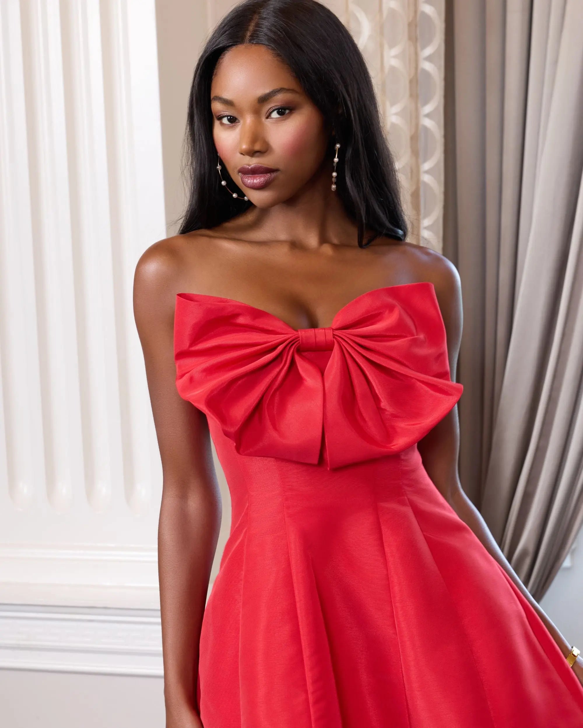 Red Strapless Oversized Bow Fit & Flare Mini Dress Ieena for Mac Duggal