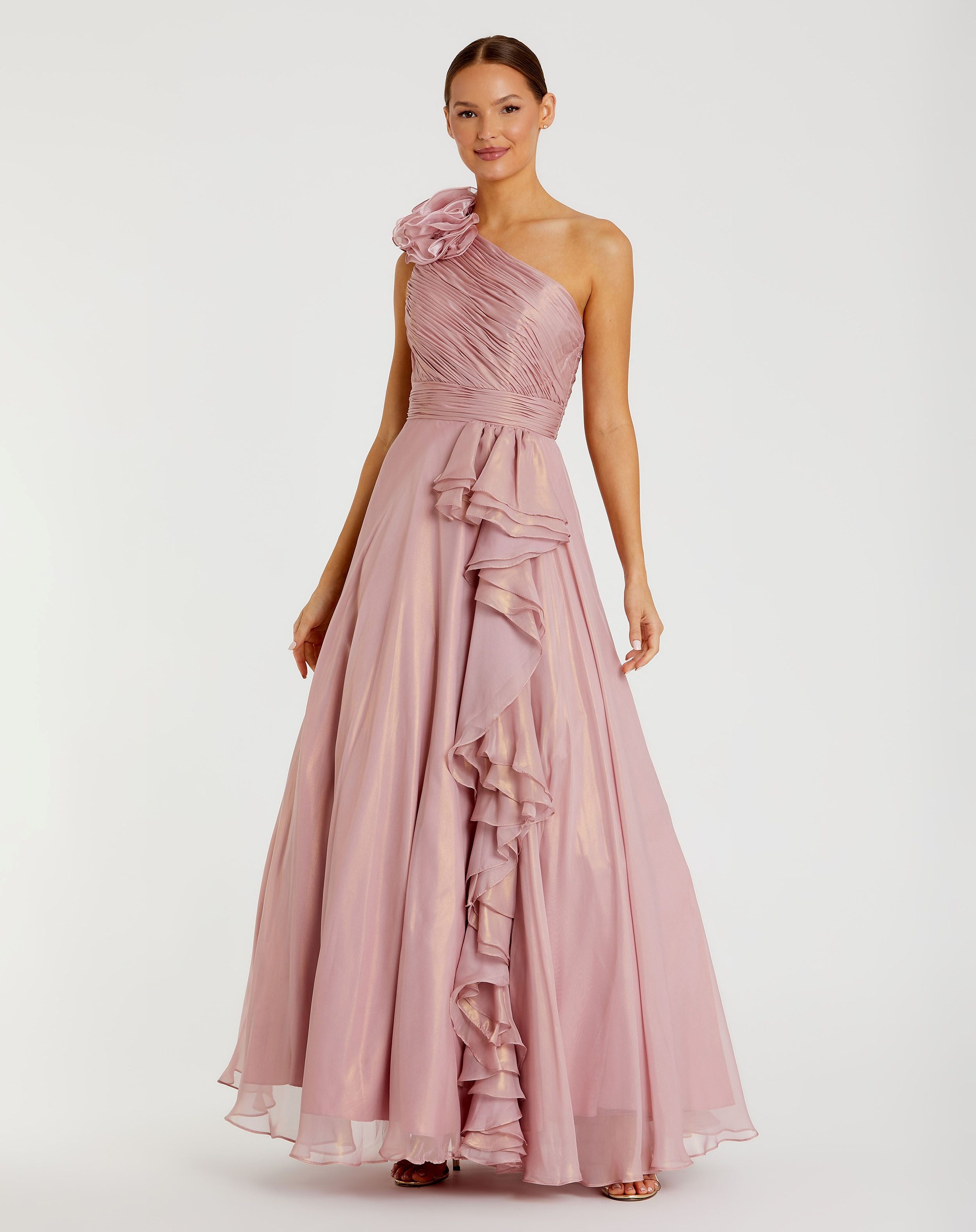 Iridescent One Shoulder Rosette Ball Gown