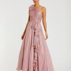 Iridescent One Shoulder Rosette Ball Gown