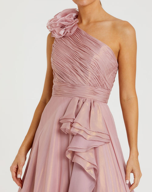 Iridescent One Shoulder Rosette Ball Gown