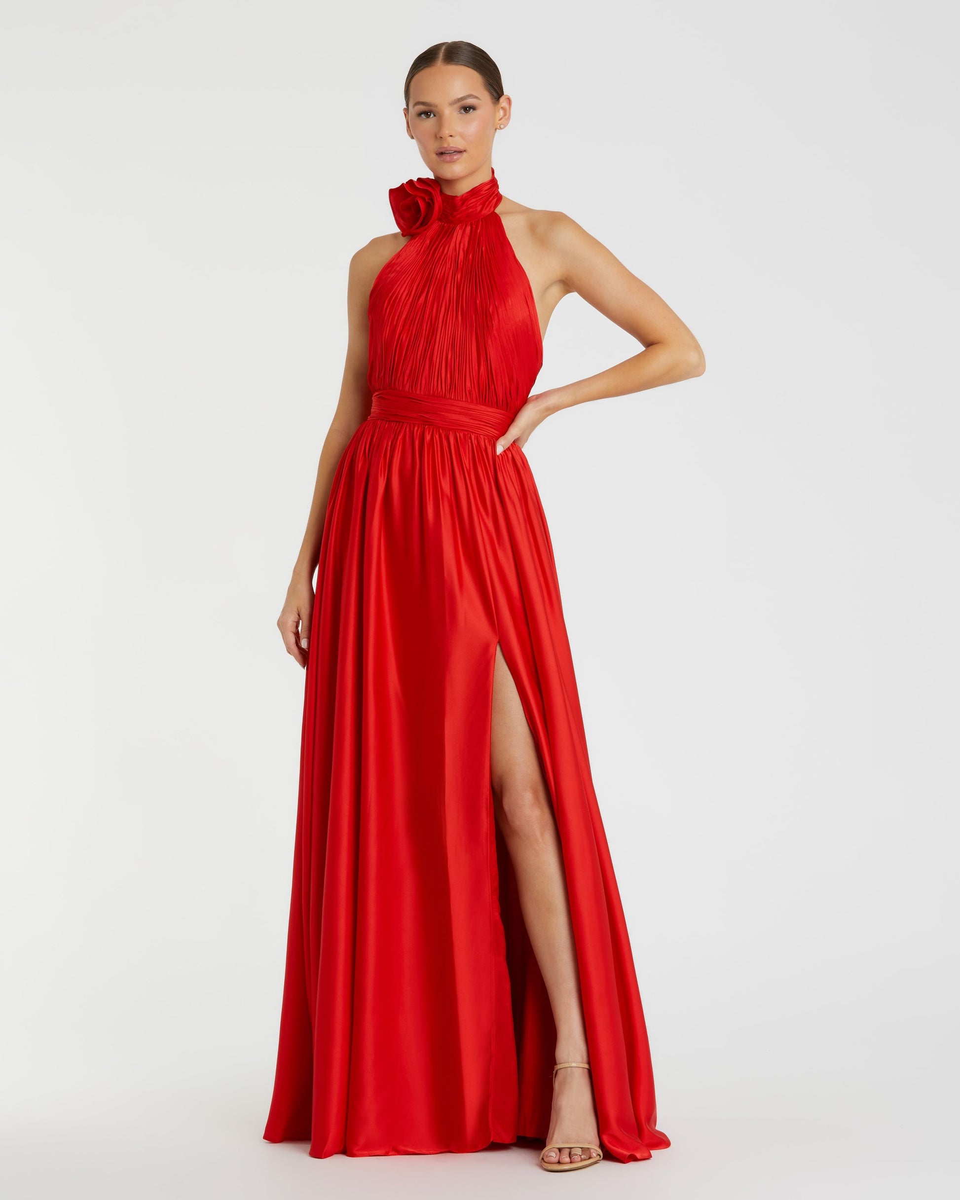 Soft Tie Halter Neck High Slit Gown