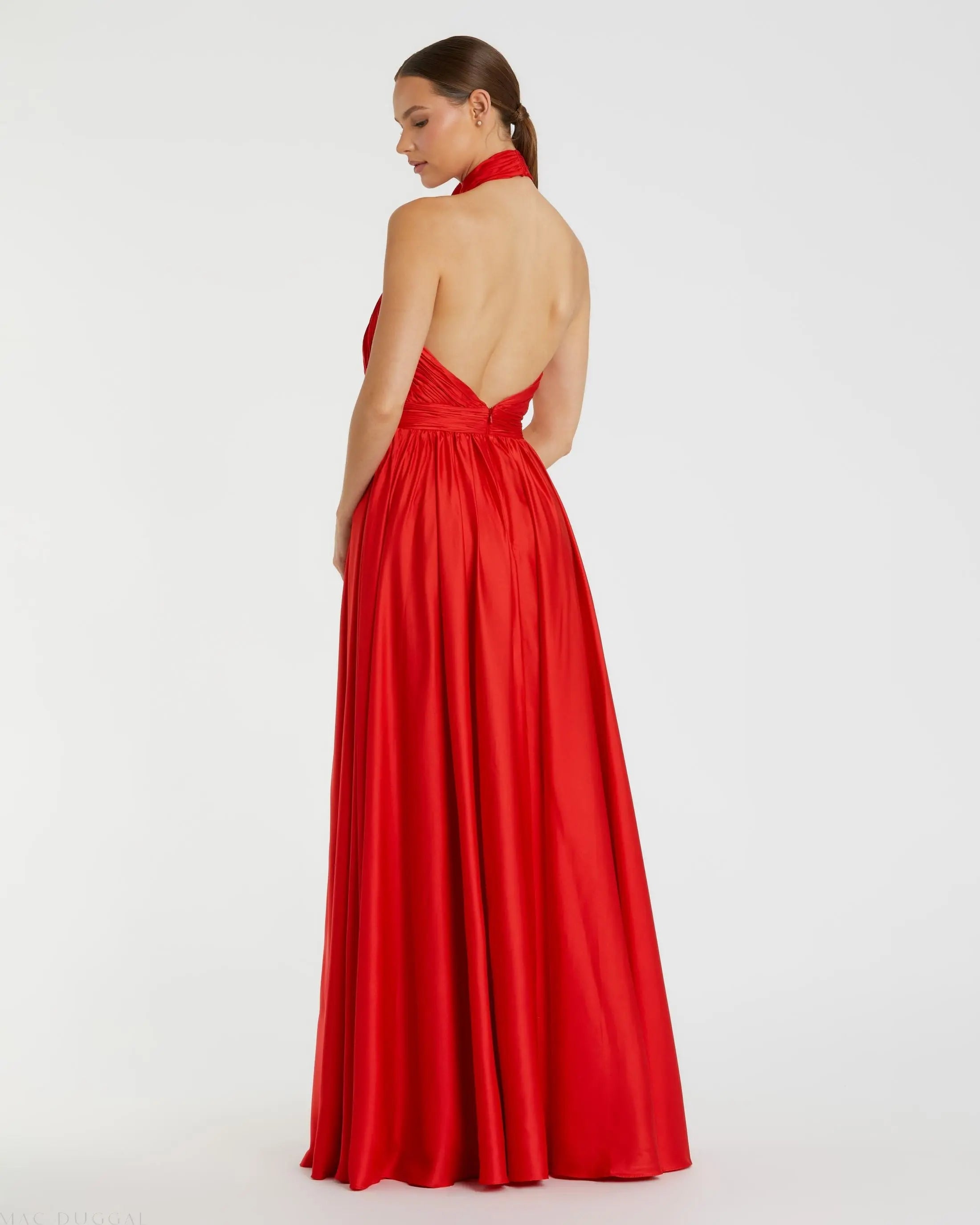 Red Soft Tie Halter Neck High Slit Gown - Mac Duggal