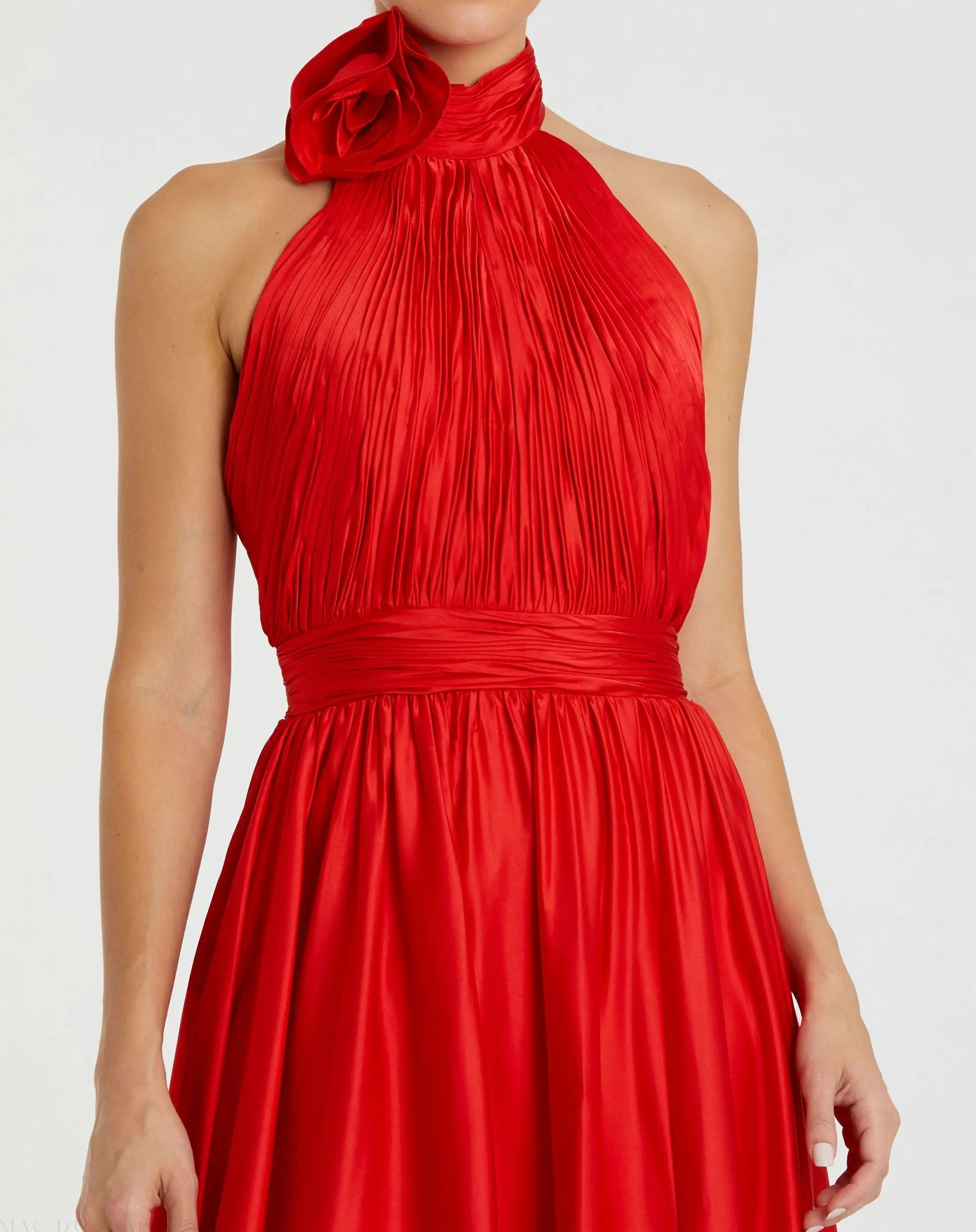 Red Soft Tie Halter Neck High Slit Gown - Mac Duggal