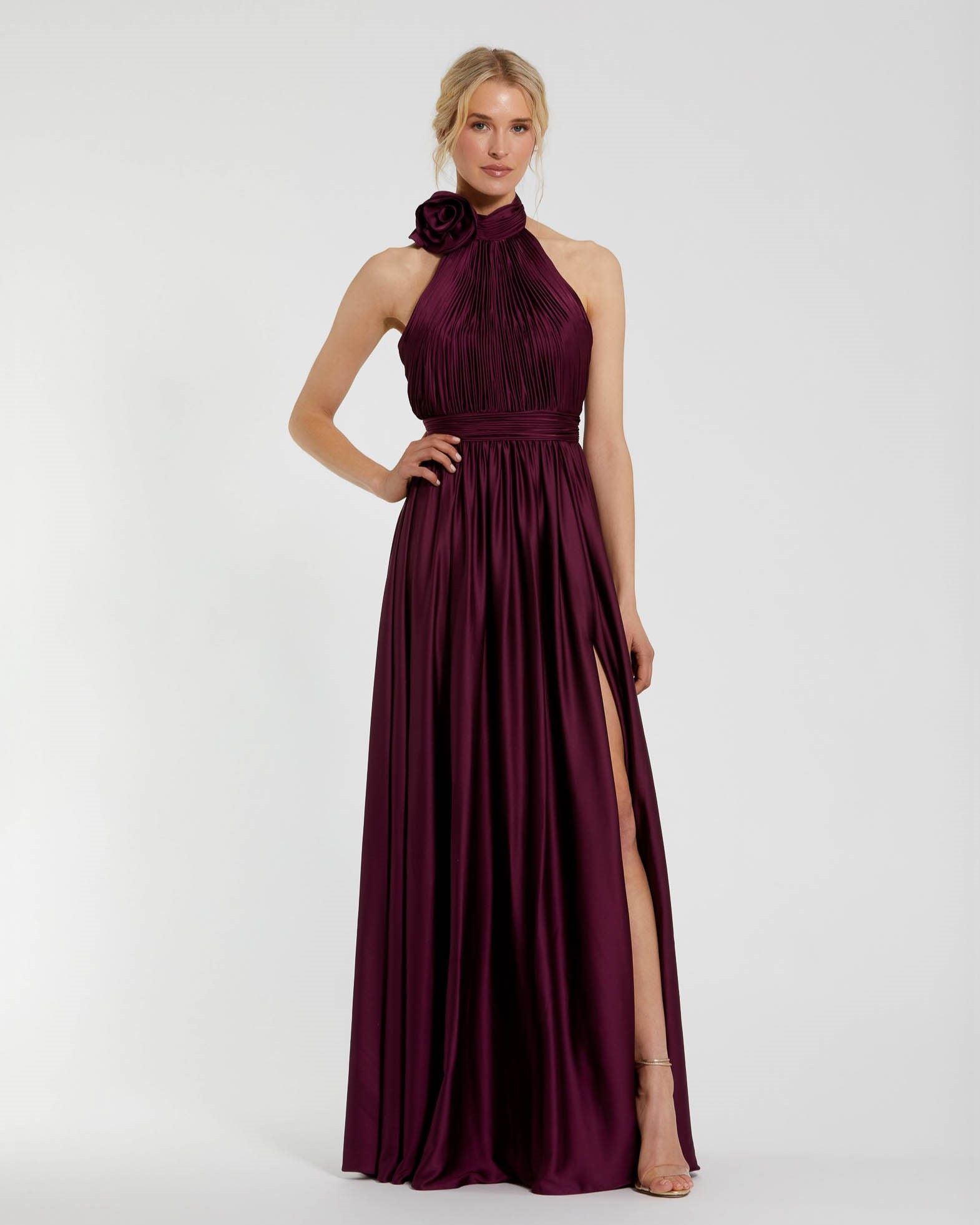 Soft Tie Halter Neck High Slit Gown