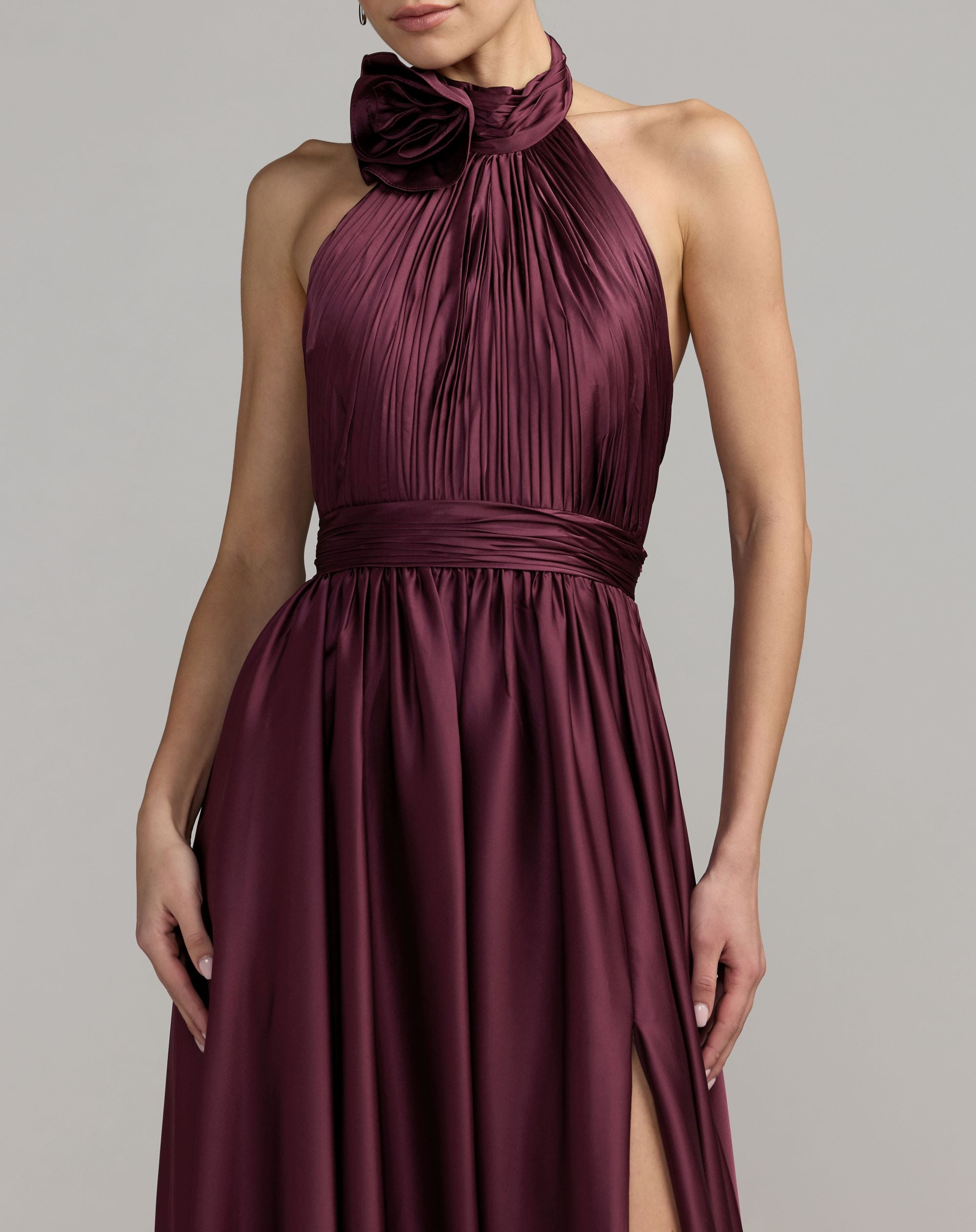 Purple Soft Tie Halter Neck High Slit Gown - Mac Duggal