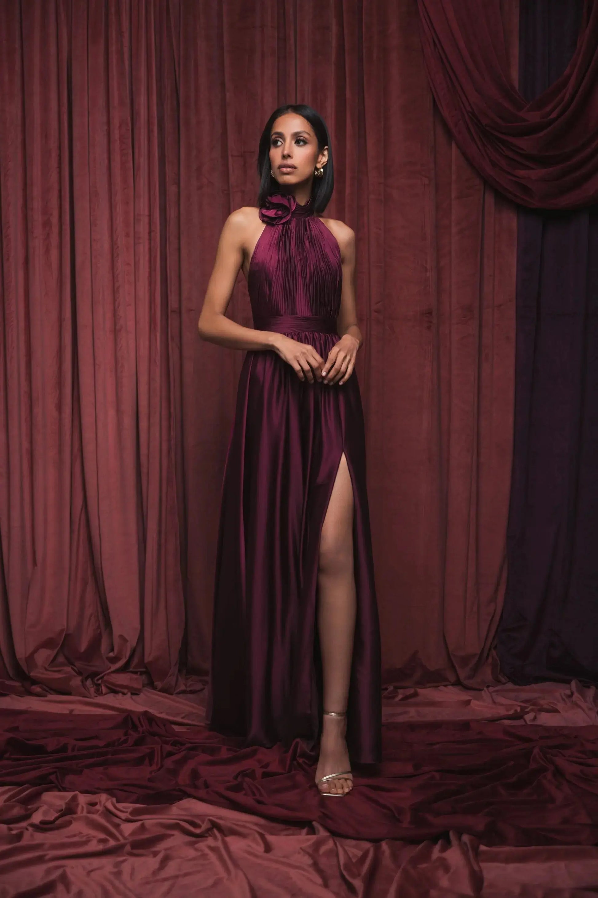 Purple Halter Neck Open Back Satin Gown With Slit | Mac Duggal Purple Halter Neck Open Back Satin Gown With Slit | Mac Duggal