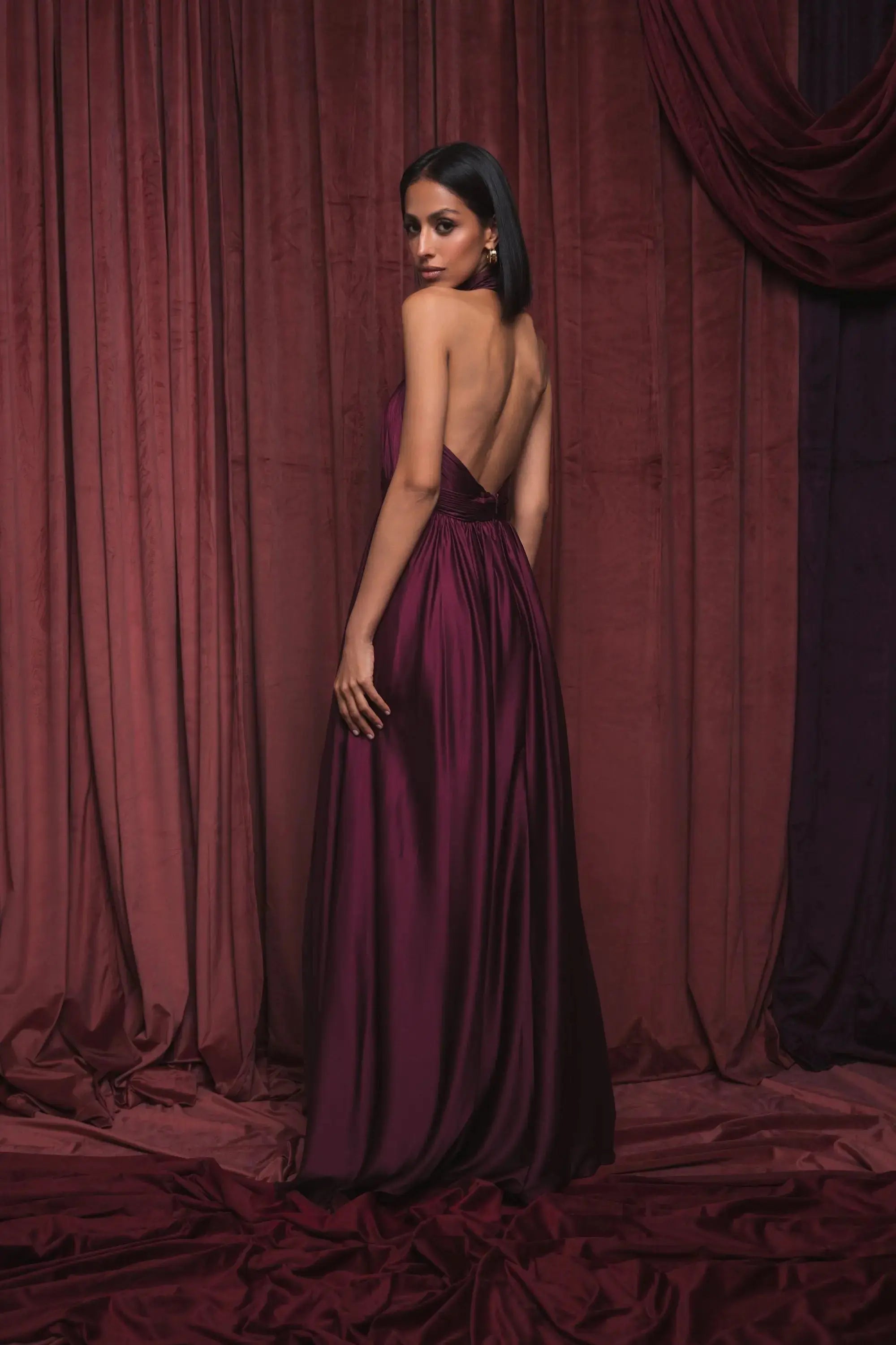 Purple Soft Tie Halter Neck High Slit Gown - Mac Duggal